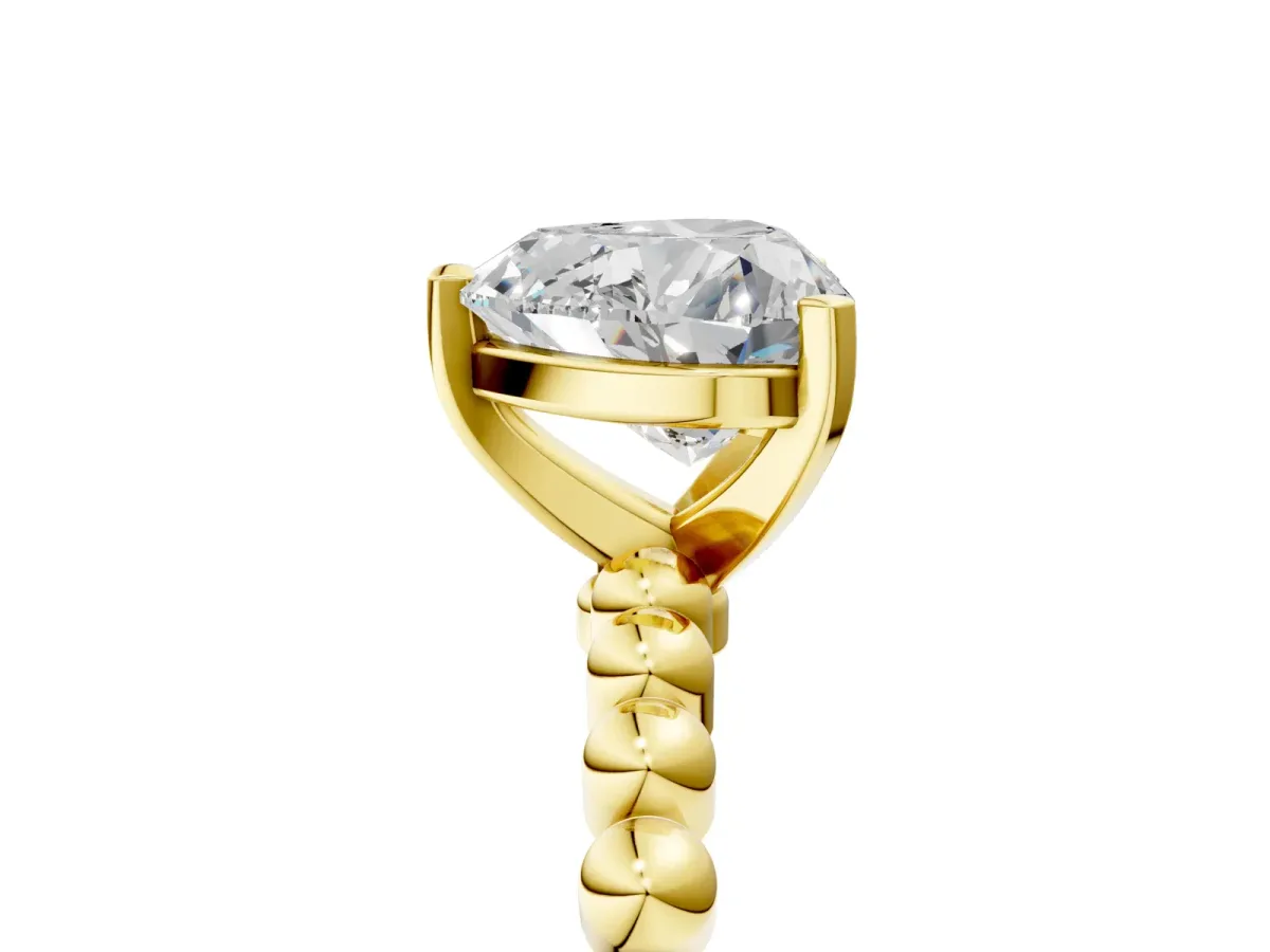 Heart Cut Diamond Solitaire Ring with Beaded Band and Prong Setting Yellow gold
