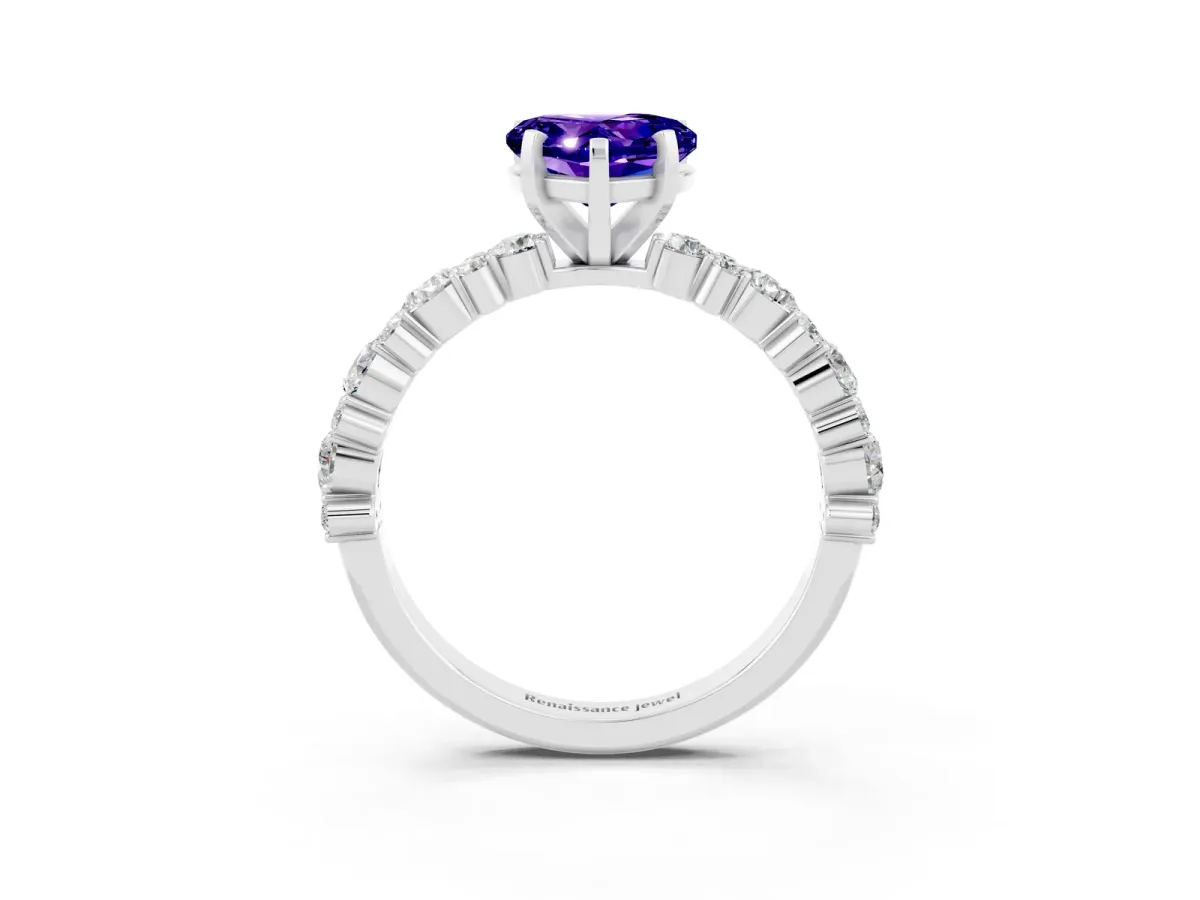 Heart Cut Tanzanite Side Stone Solitaire Ring with Round and Four-Prong Setting Platinum