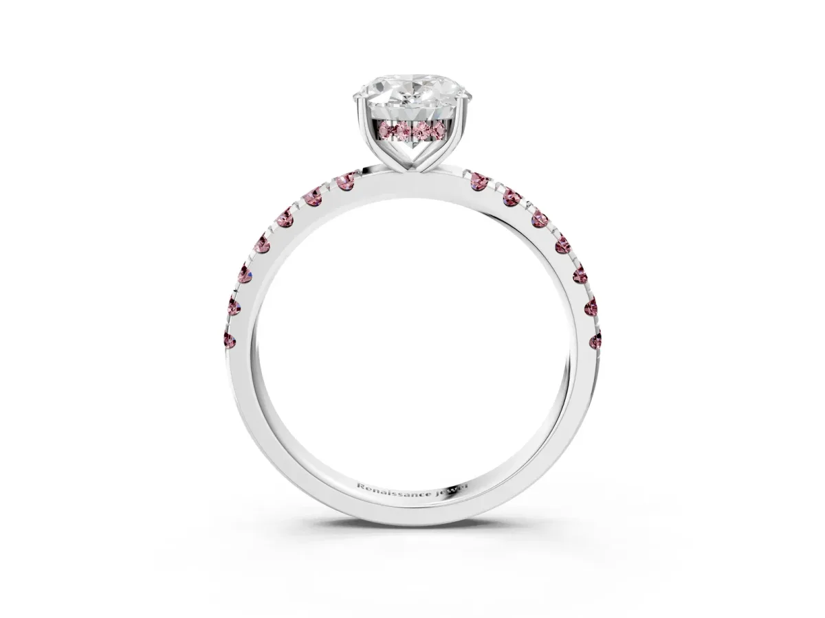 Oval Cut Diamond Pave Band Solitaire Ring with Round Morganite and Prong Setting Platinum