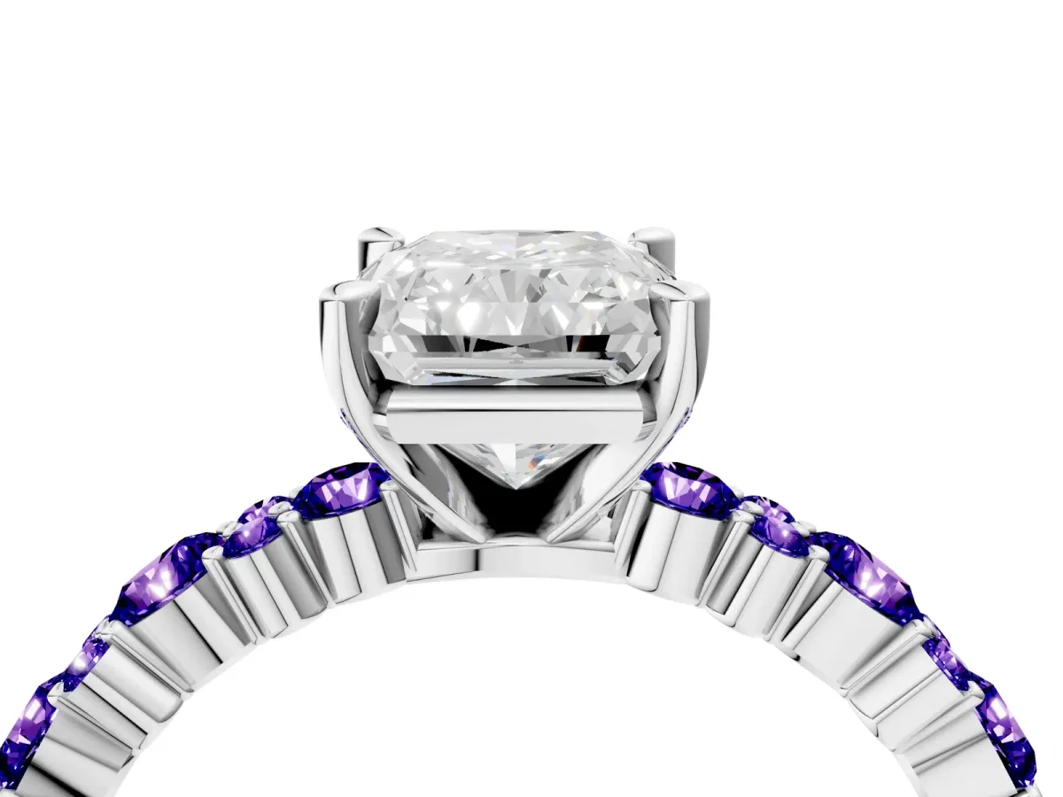 Radiant Cut Diamond Side Stone Solitaire Ring with Round Tanzanite and Four-Prong Setting Silver