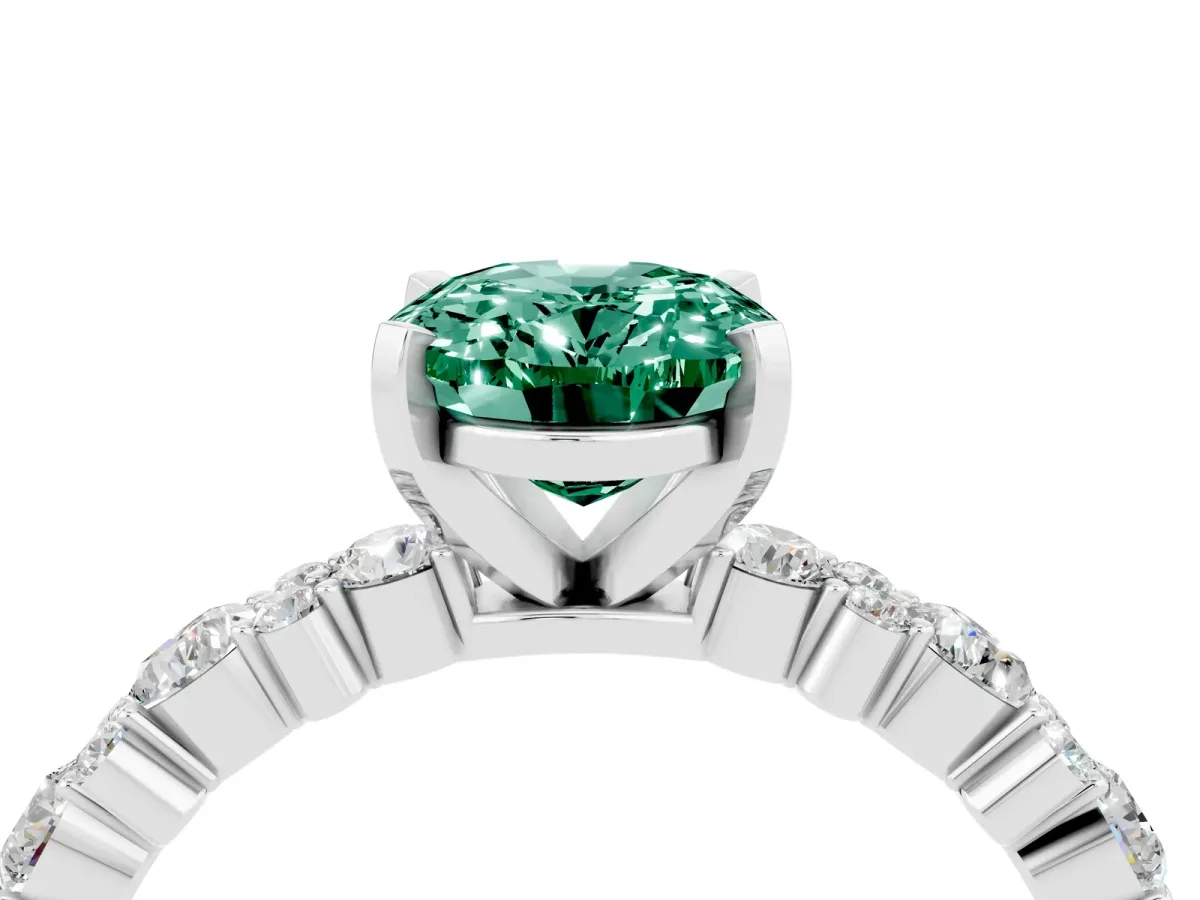 Oval Cut Green Sapphire Side Stone Solitaire Ring with Round and Four-Prong Setting White gold