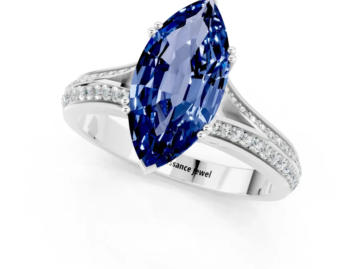 Marquise Cut Blue Sapphire Split Shank Engagement Ring with Pavé Band White gold
