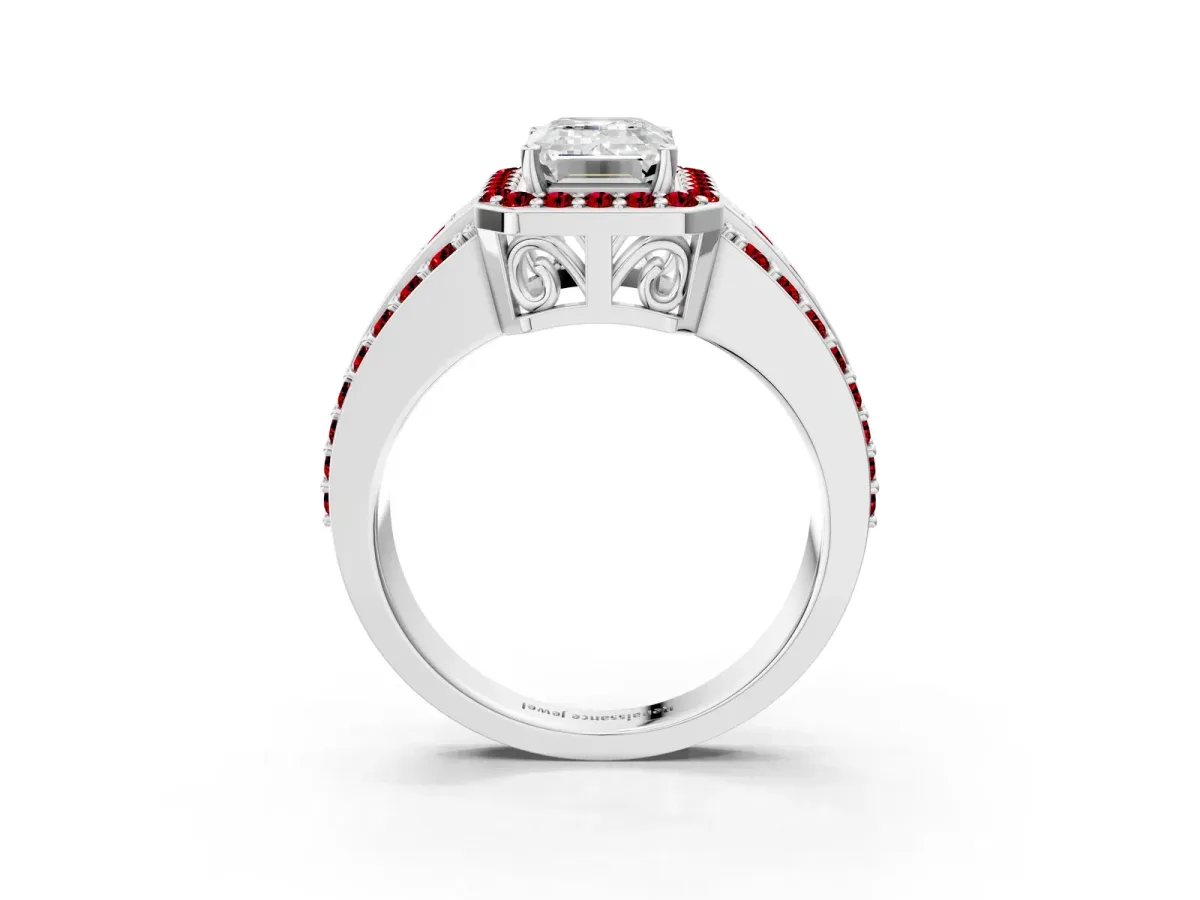 Emerald Cut Halo Diamond Ring with Round Ruby Split Shank and Prong Setting Platinum