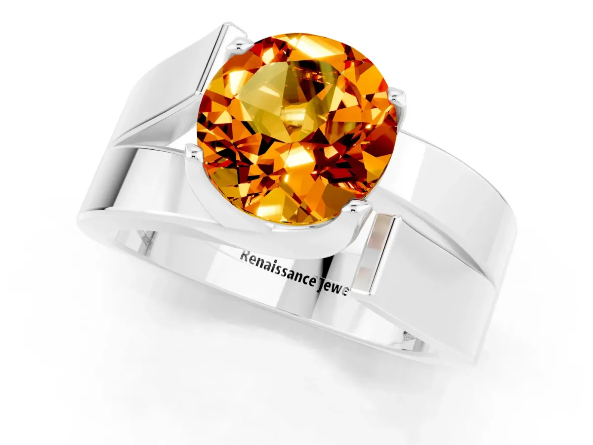 Modern Tension Set Round Cut Citrine Solitaire Wide Band Ring Silver