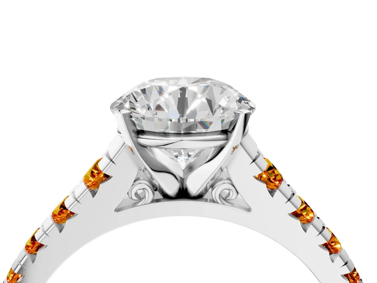 Round Cut Diamond Cathedral Solitaire Ring with Round Citrine Pavé Band Silver