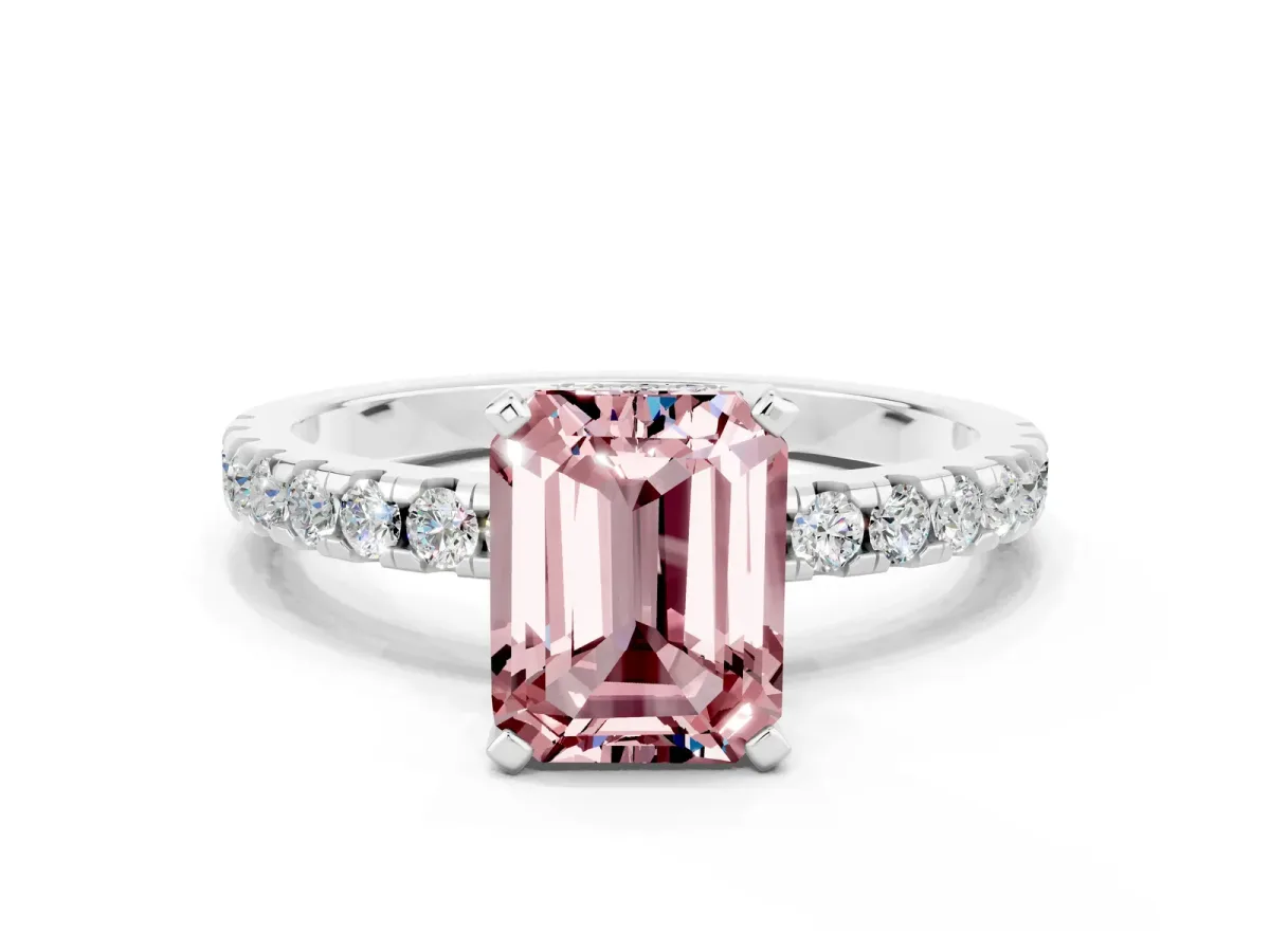 Emerald Cut Morganite Solitaire Ring with Round Pavé Band and Four-Prong Setting Silver
