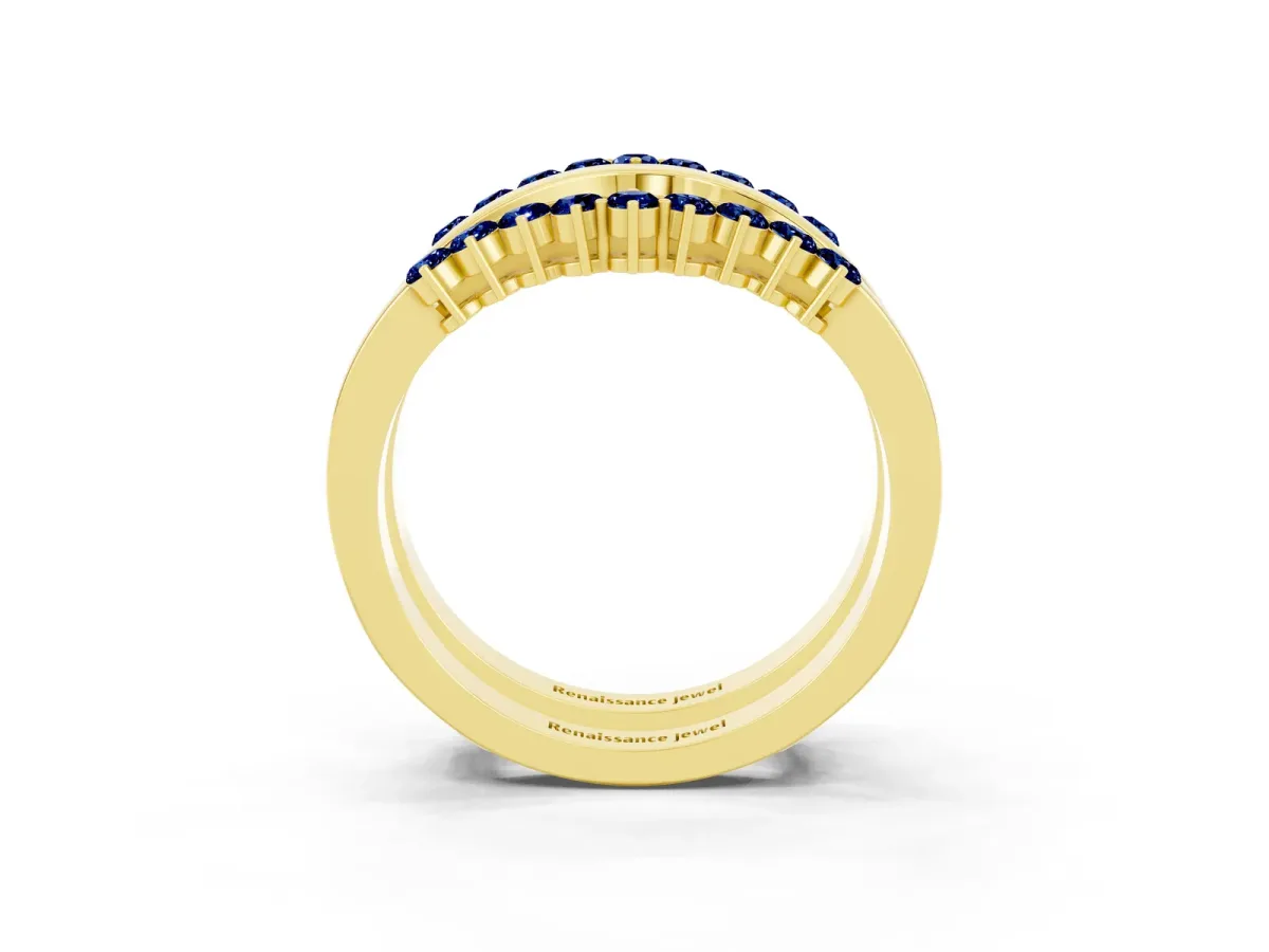 Round Blue Sapphire Chevron Contour Band with Prong Setting Yellow gold