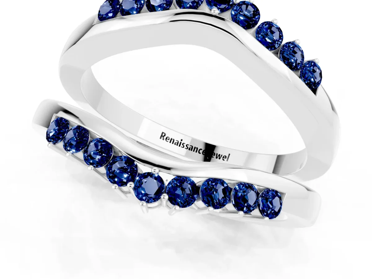 Round Blue Sapphire Chevron Contour Band with Prong Setting White gold