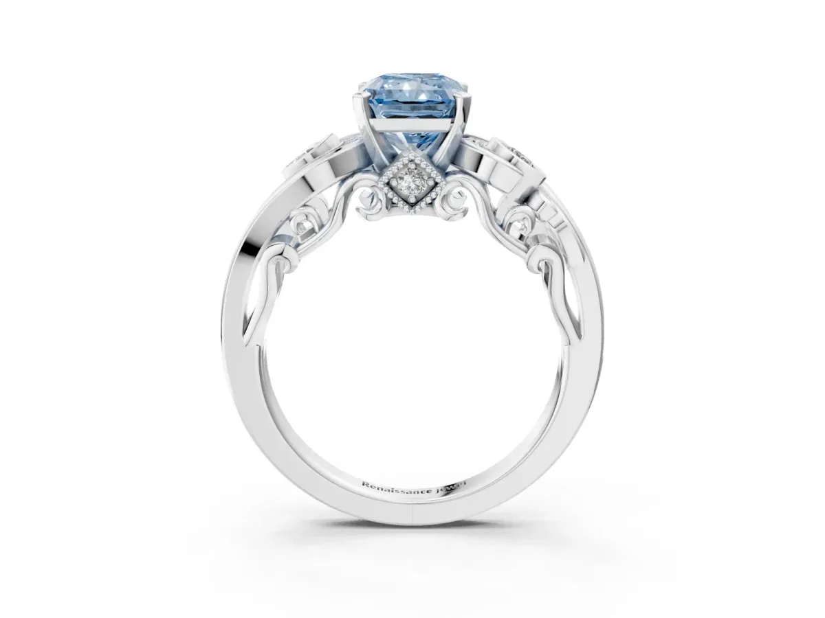 Fancy Blue Radiant Cut Diamond Solitaire Ring with Milgrain Pavé Band and Four-Prong Setting Silver