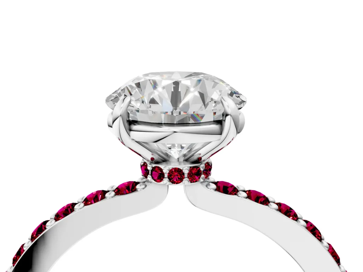Round Cut Diamond Pavé Engagement Ring with Round Garnet Accents and Prong Setting Silver