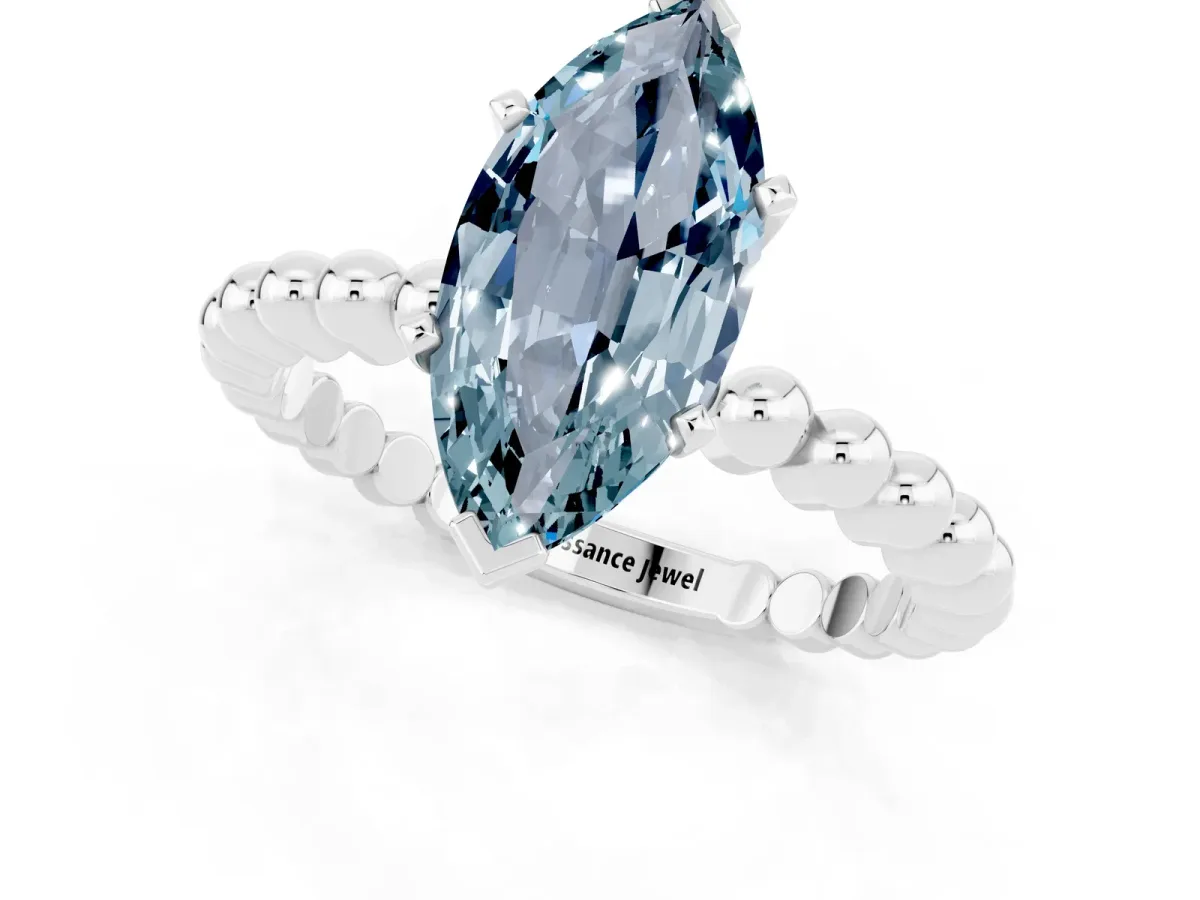 Marquise Cut Aquamarine Solitaire Ring with Beaded Band and Prong Setting Silver