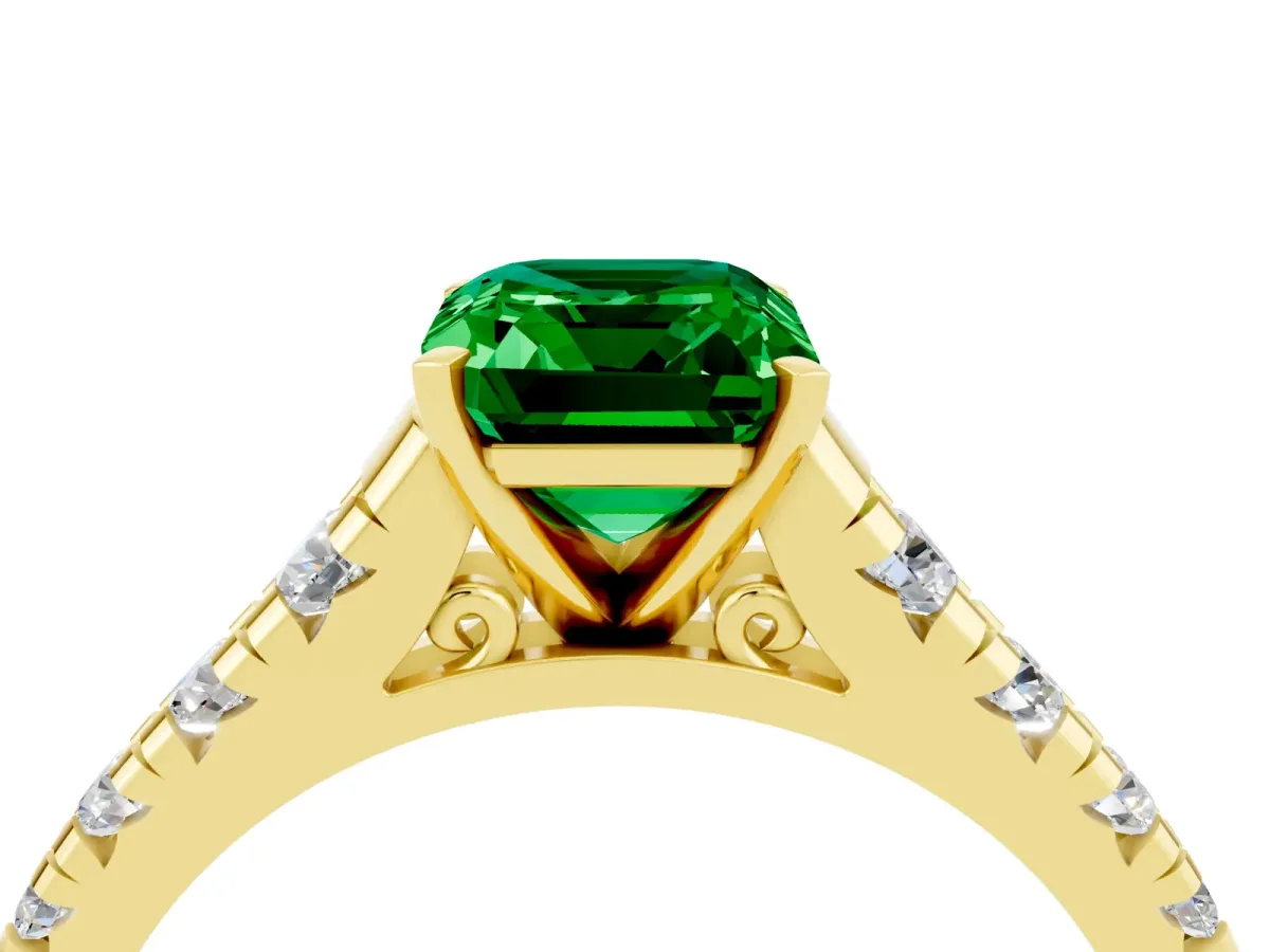 Emerald Cut Emerald Cathedral Solitaire Ring with Round Pavé Band Yellow gold