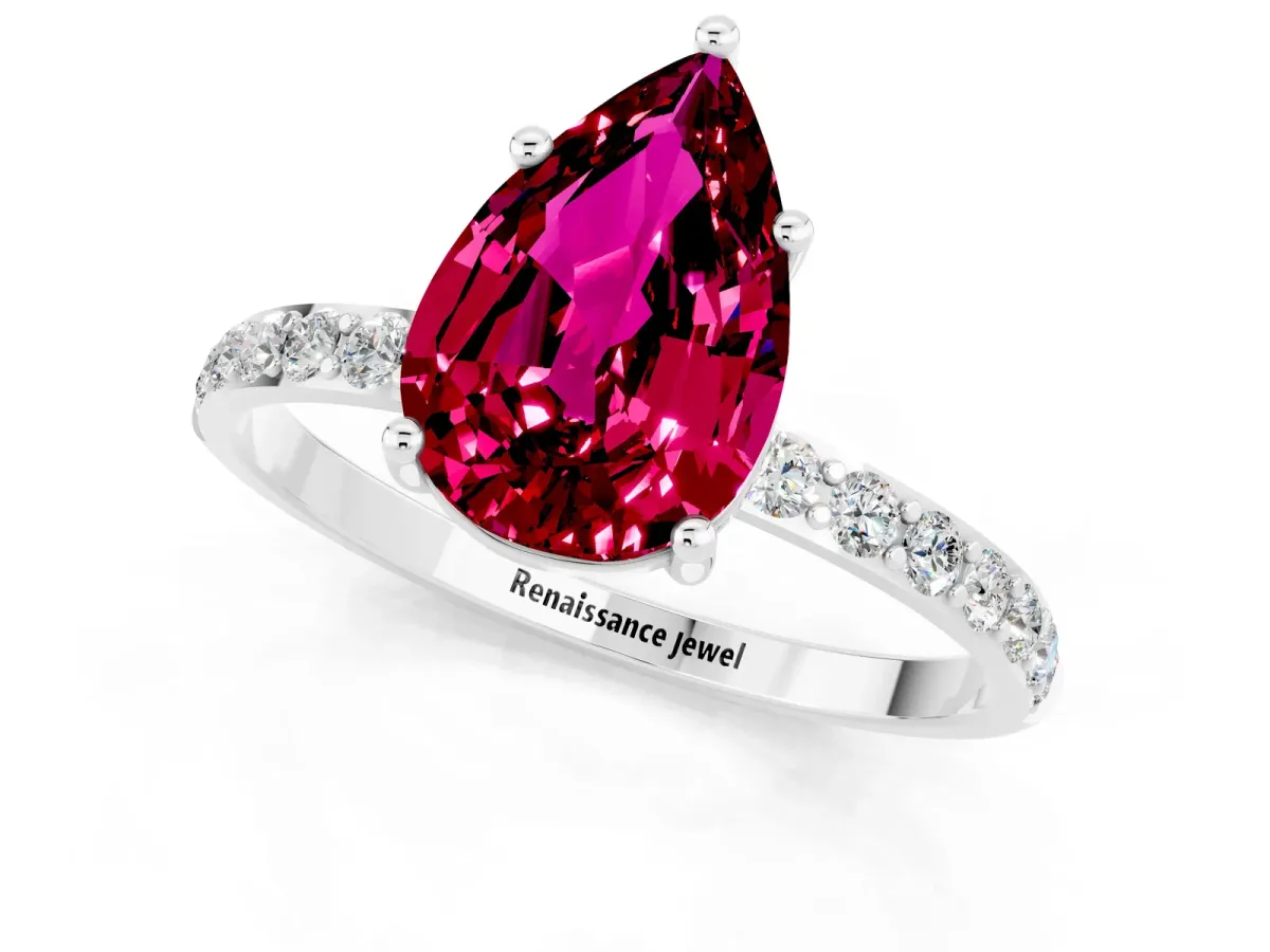 Pear Cut Garnet Solitaire Ring with Round Pavé Band and Prong Setting Platinum
