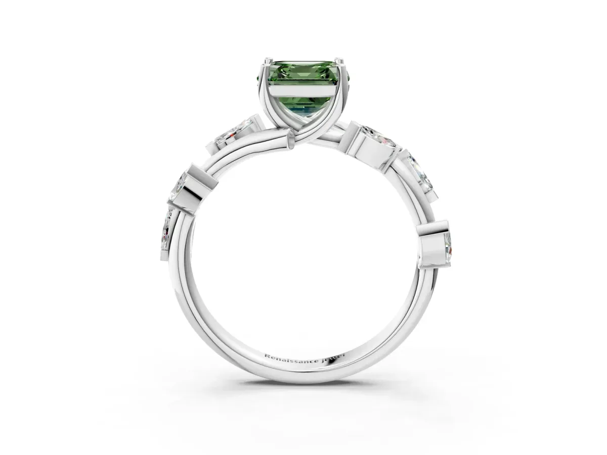 Fancy Green Asscher Cut Solitaire Twisted Band Marquise Accent Prong Setting Ring Platinum
