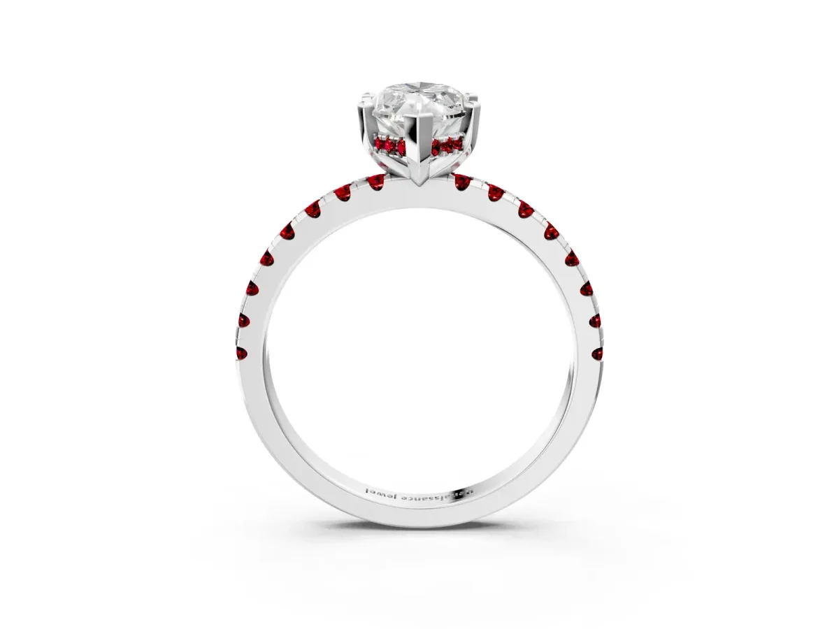 Marquise Cut Diamond Solitaire Ring with Round Ruby Pavé Band and Four-Prong Setting Platinum