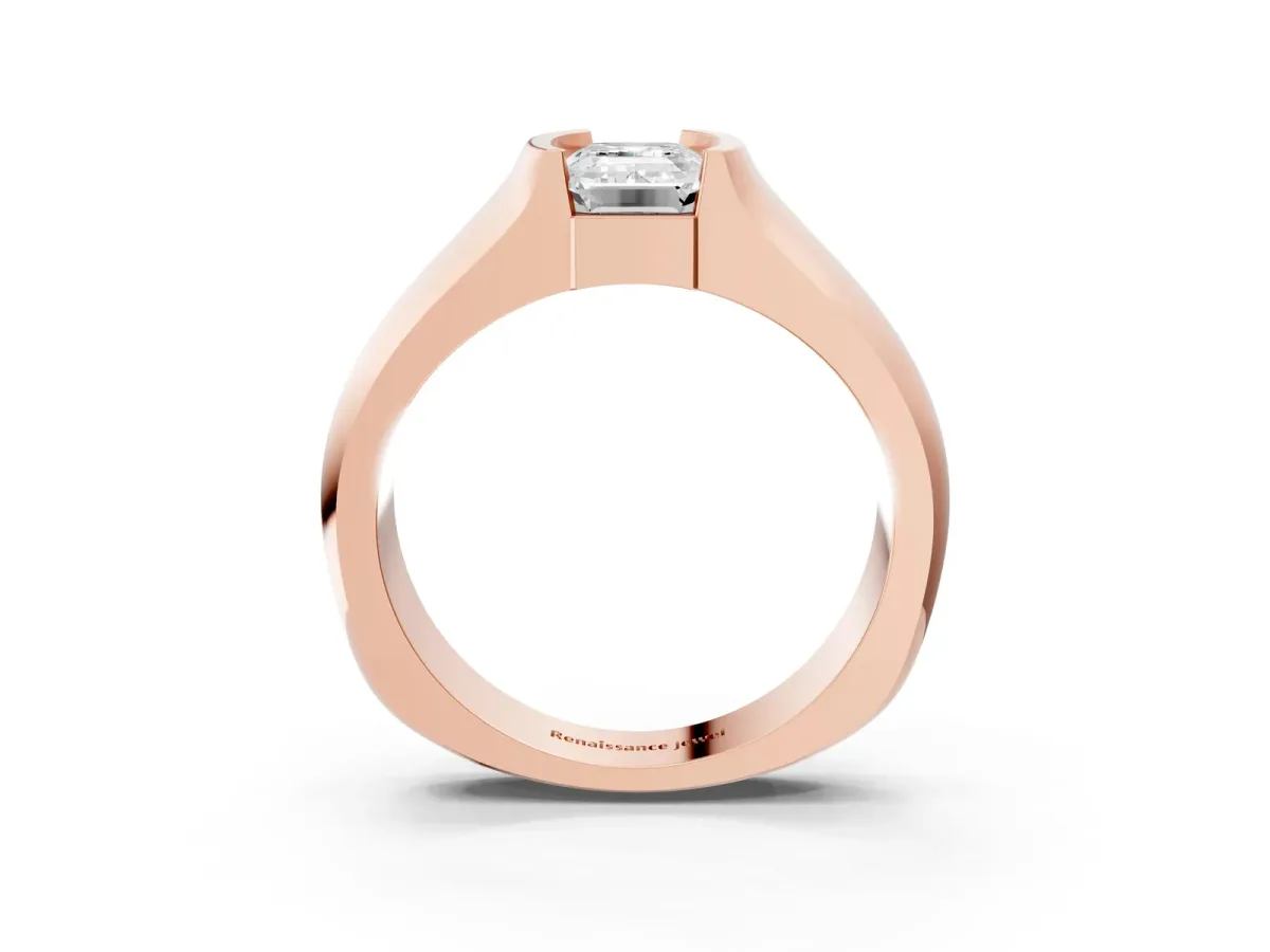 Emerald Cut Solitaire Bezel Set Diamond Ring with Wide Band Rose gold
