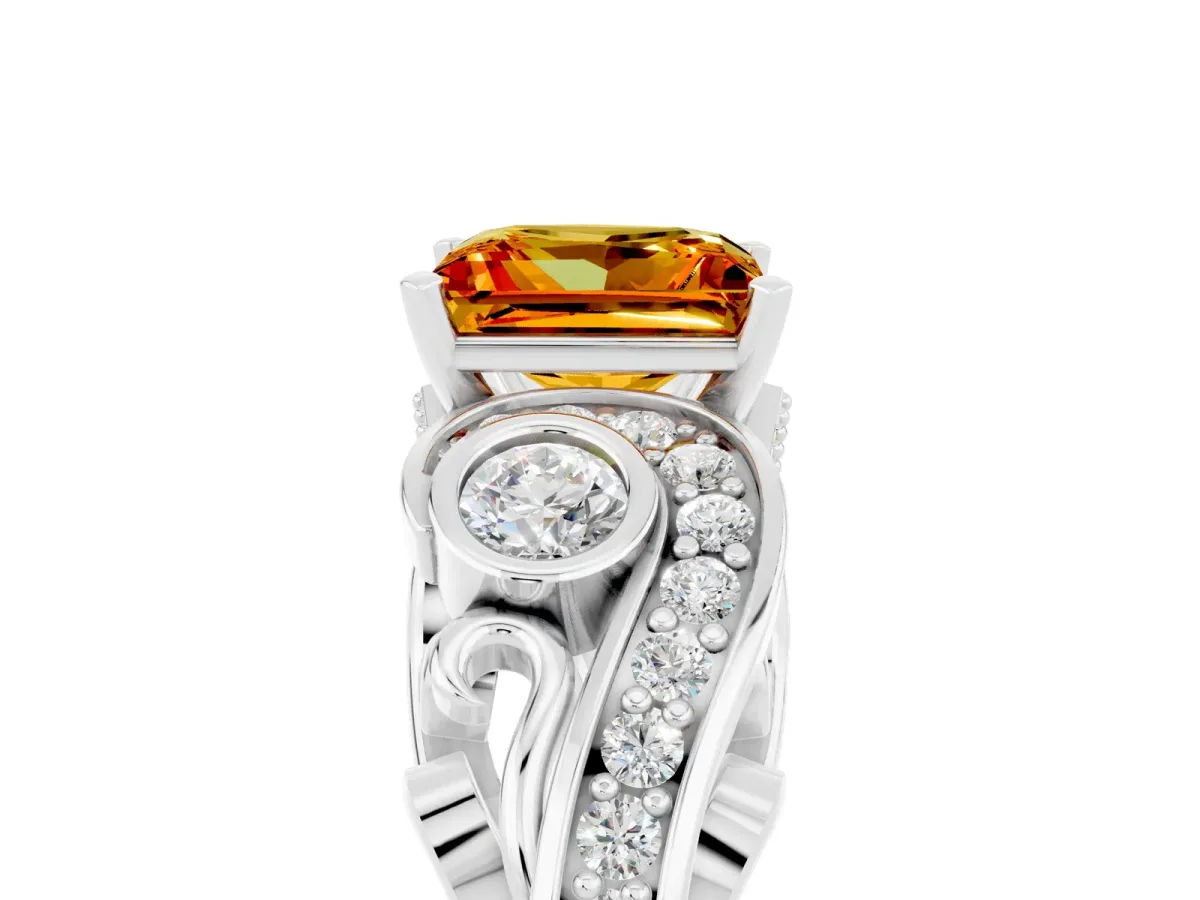 Princess Cut Citrine Solitaire Ring with Milgrain Pavé Band and Four-Prong Setting Silver