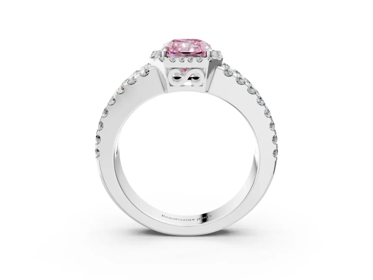 Fancy Pink Radiant Cut Cut Halo Split Shank Diamond Ring with Four-Prong Setting Platinum