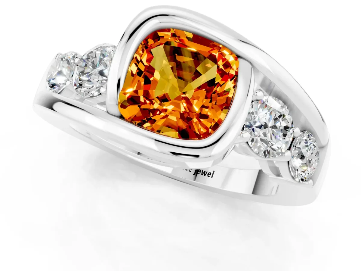 Bezel Set Cushion Cut Citrine Bypass Ring with Round Accents Silver