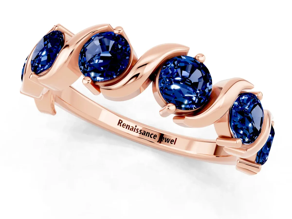 Six-Stone Round Blue Sapphire Wave Band with Shared Prong Setting Rose gold