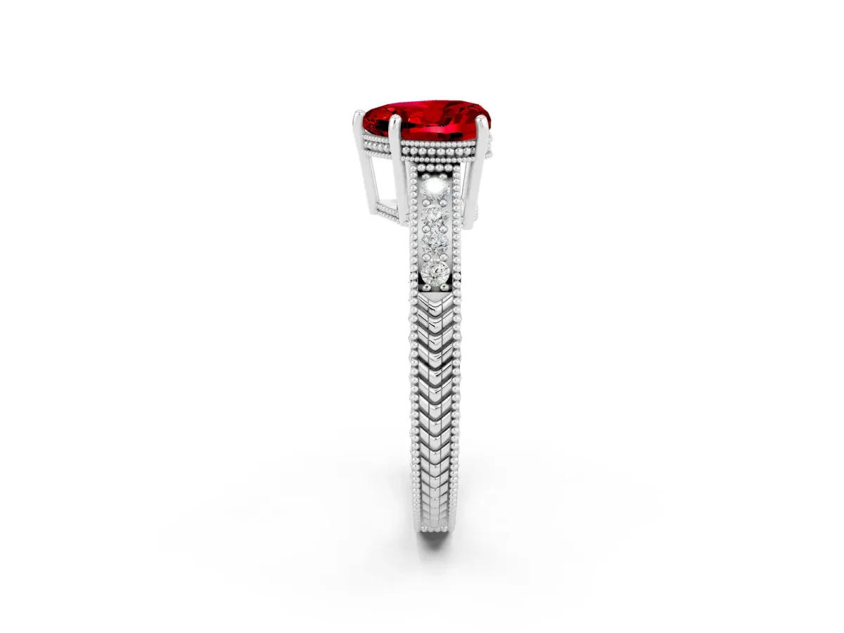 Heart Cut Ruby Ring with Milgrain Pavé Band and Four-Prong Setting Platinum