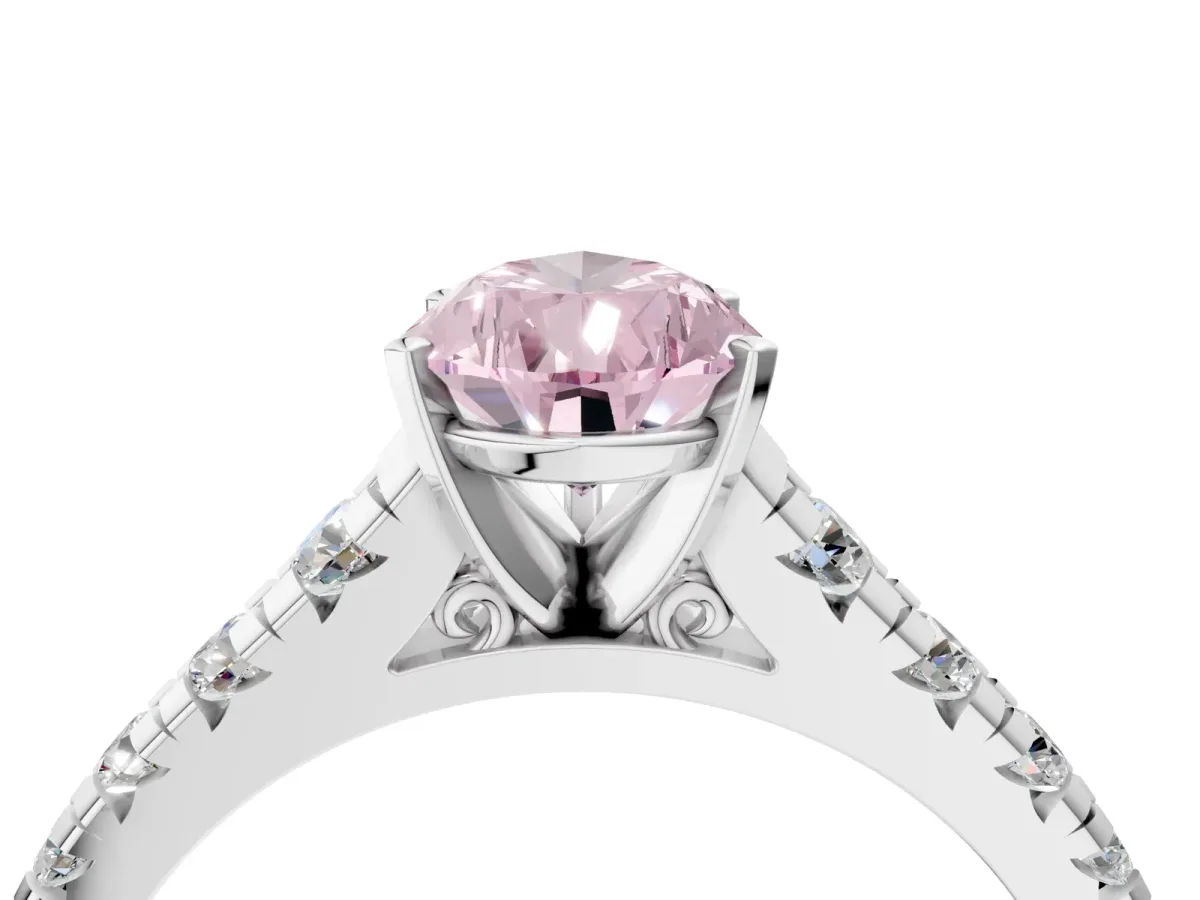 Fancy Pink Pear Cut Diamond Cathedral Solitaire Ring with Round Pavé Band Silver