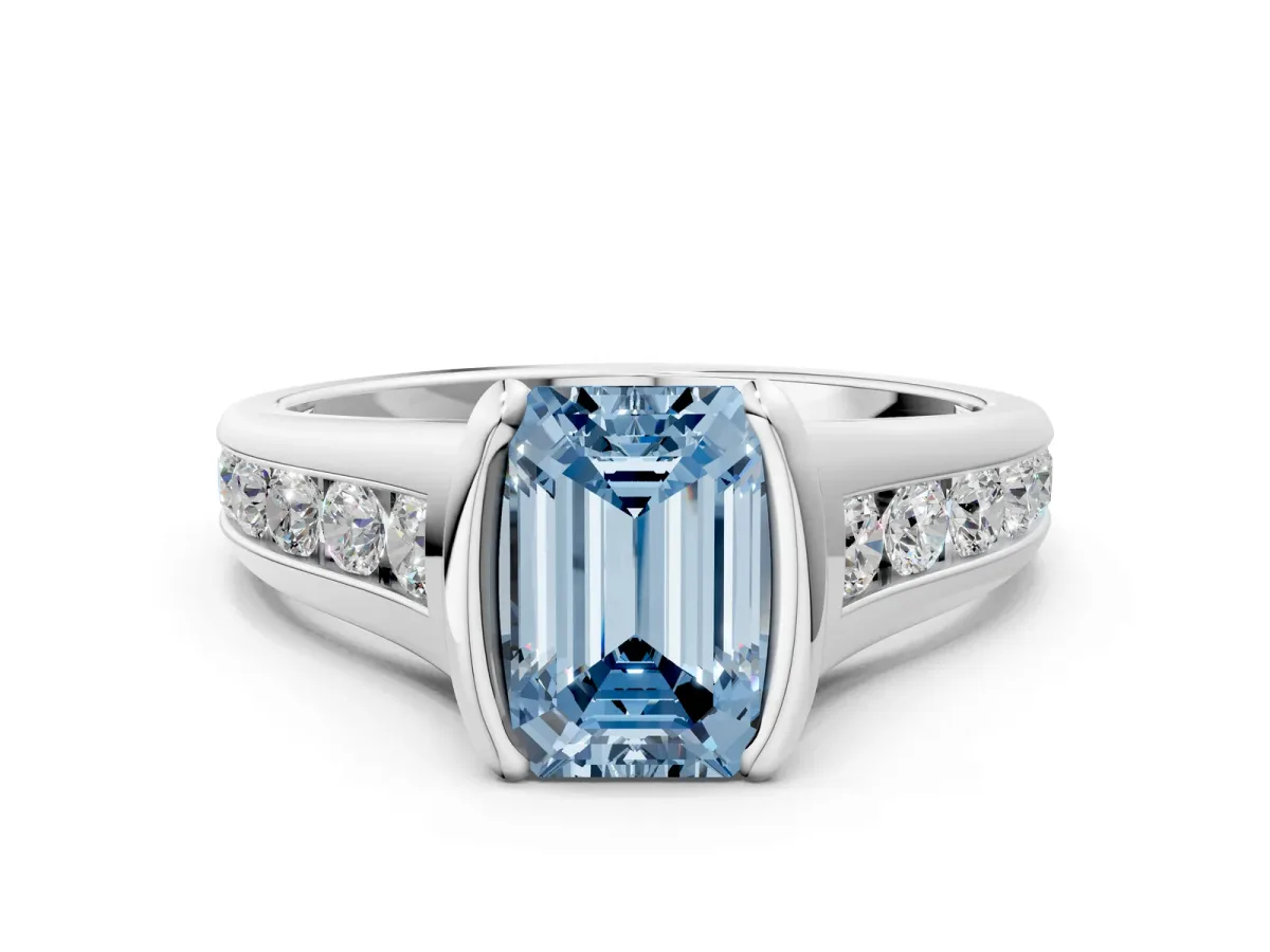 Fancy Blue Emerald Cut Solitaire Bezel-Set Diamond Ring with Channel-Set Band Platinum
