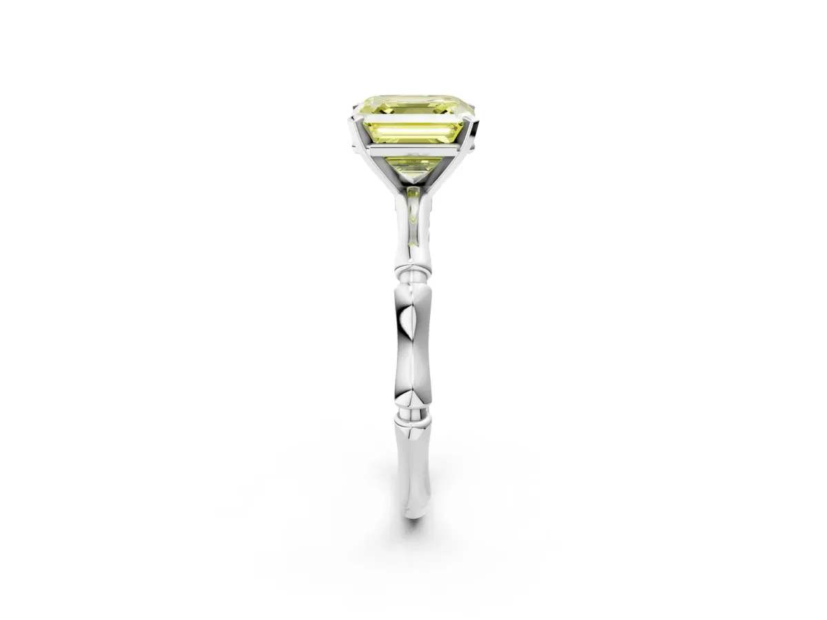 Fancy Yellow Asscher Cut Solitaire Diamond Ring with Bamboo Band and Four-Prong Setting Platinum