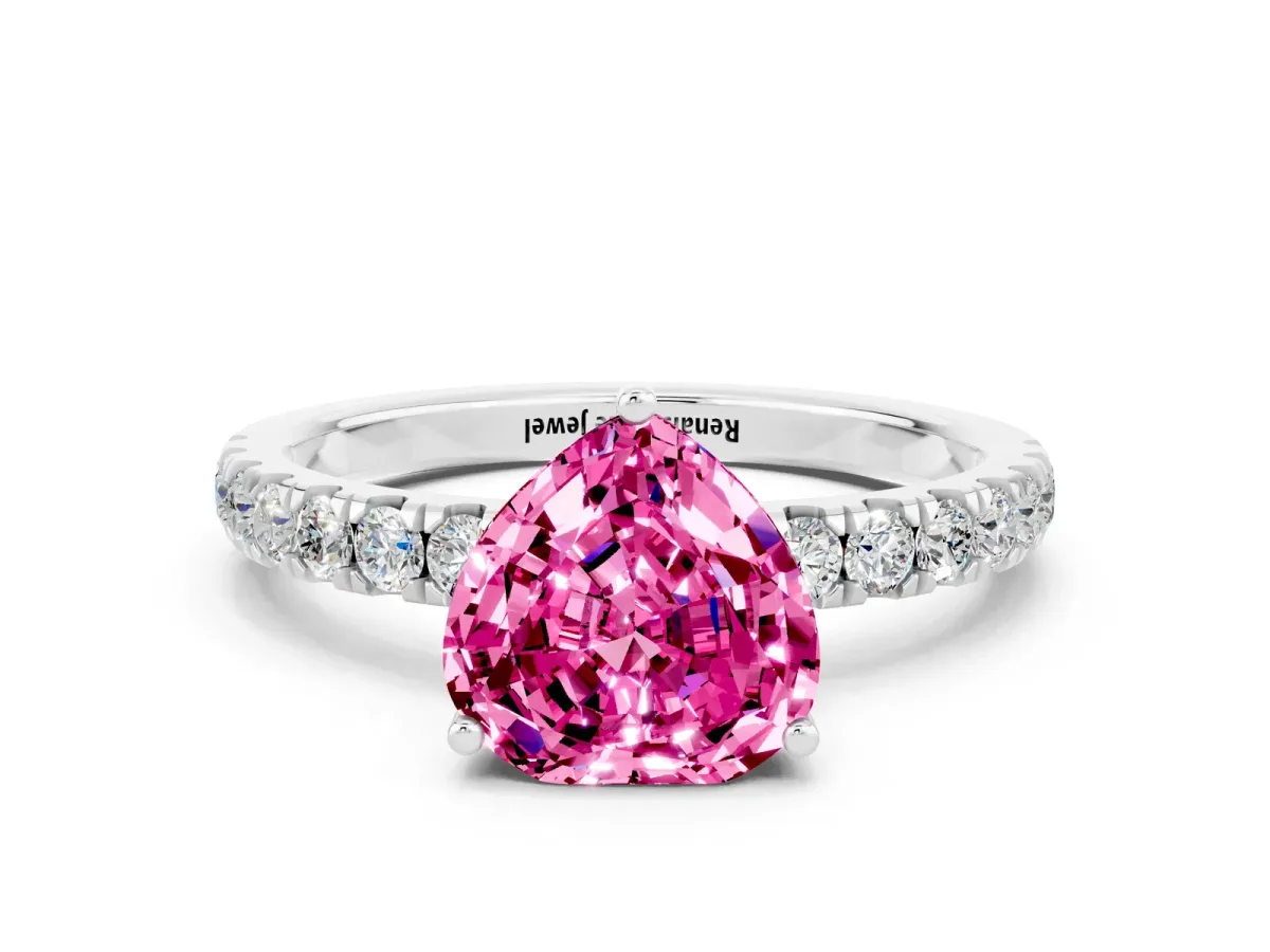 Heart Cut Pink Sapphire Pave Band Solitaire Ring with Round and Prong Setting Silver