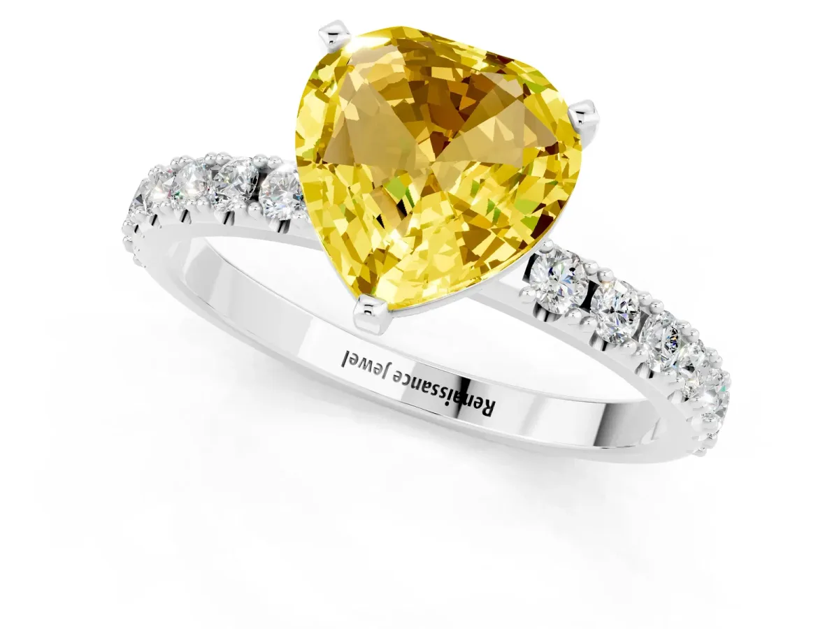 Heart Cut Yellow Sapphire Solitaire Pavé Band with Four-Prong Setting Silver