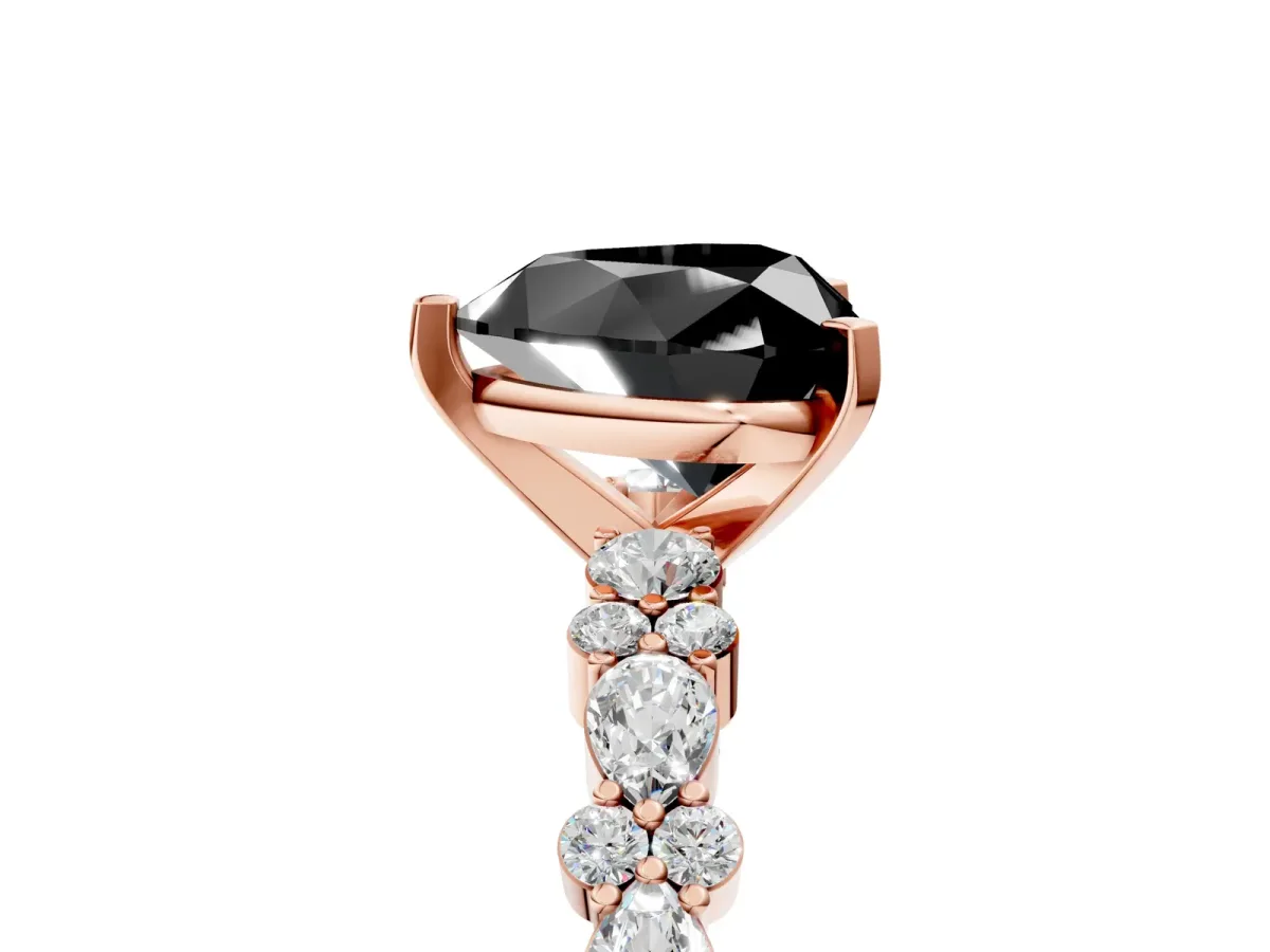 Fancy Black Heart Cut Diamond Side Stone Solitaire Ring with Round and Four-Prong Setting Rose gold