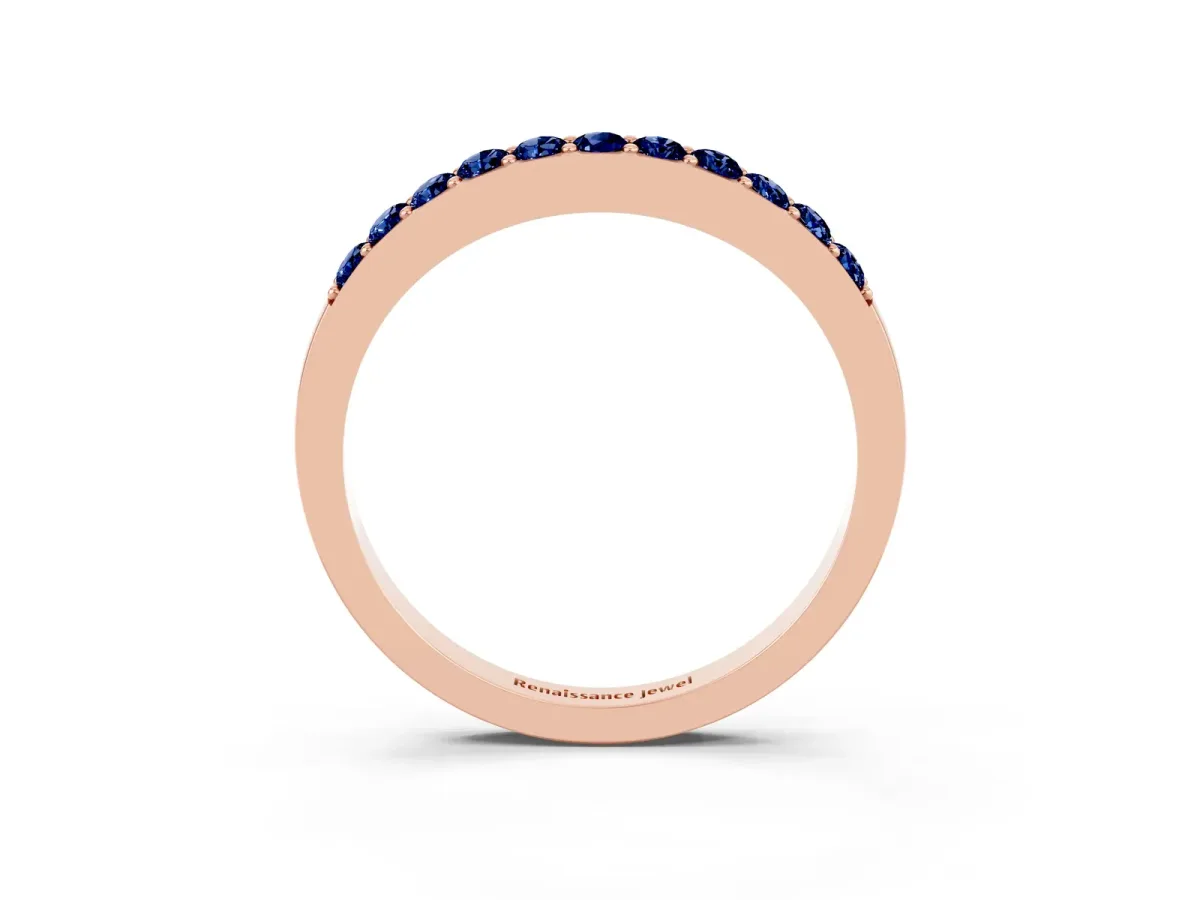 Round Blue Sapphire Curved Wedding Band with Channel Setting Rose gold