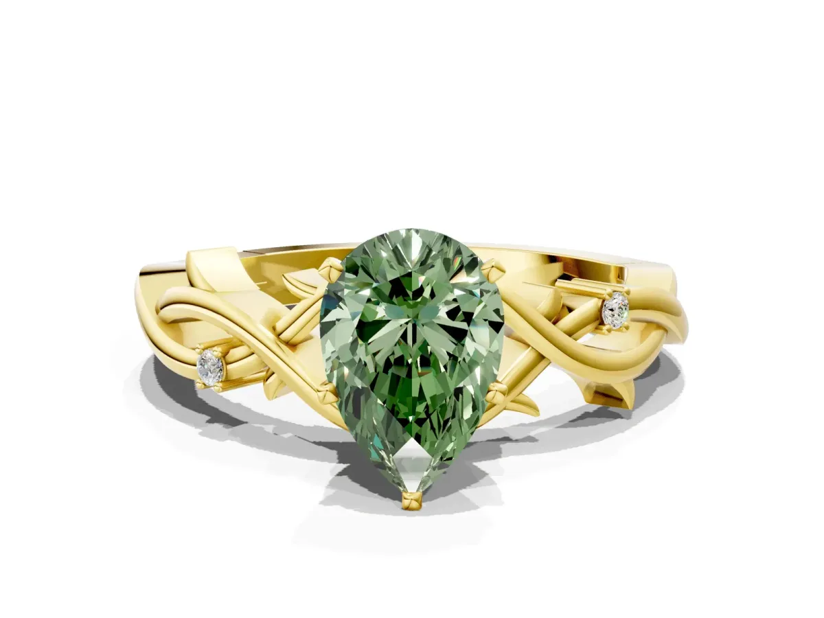 Fancy Green Pear Cut Diamond Solitaire Ring with Twisted Band and Prong Setting Yellow gold
