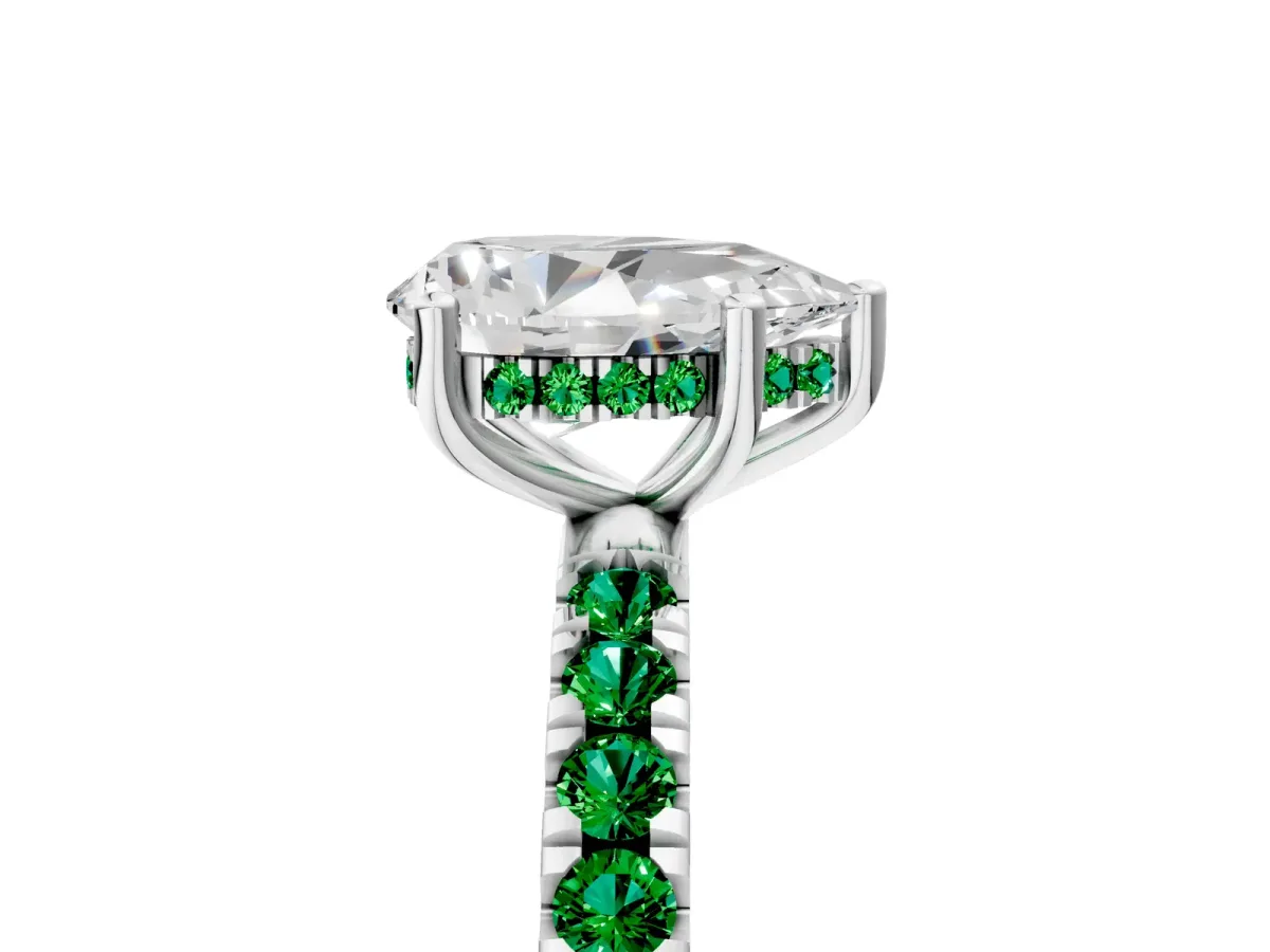 Pear Cut Diamond Pave Band Solitaire Ring with Round Emerald and Prong Setting Platinum