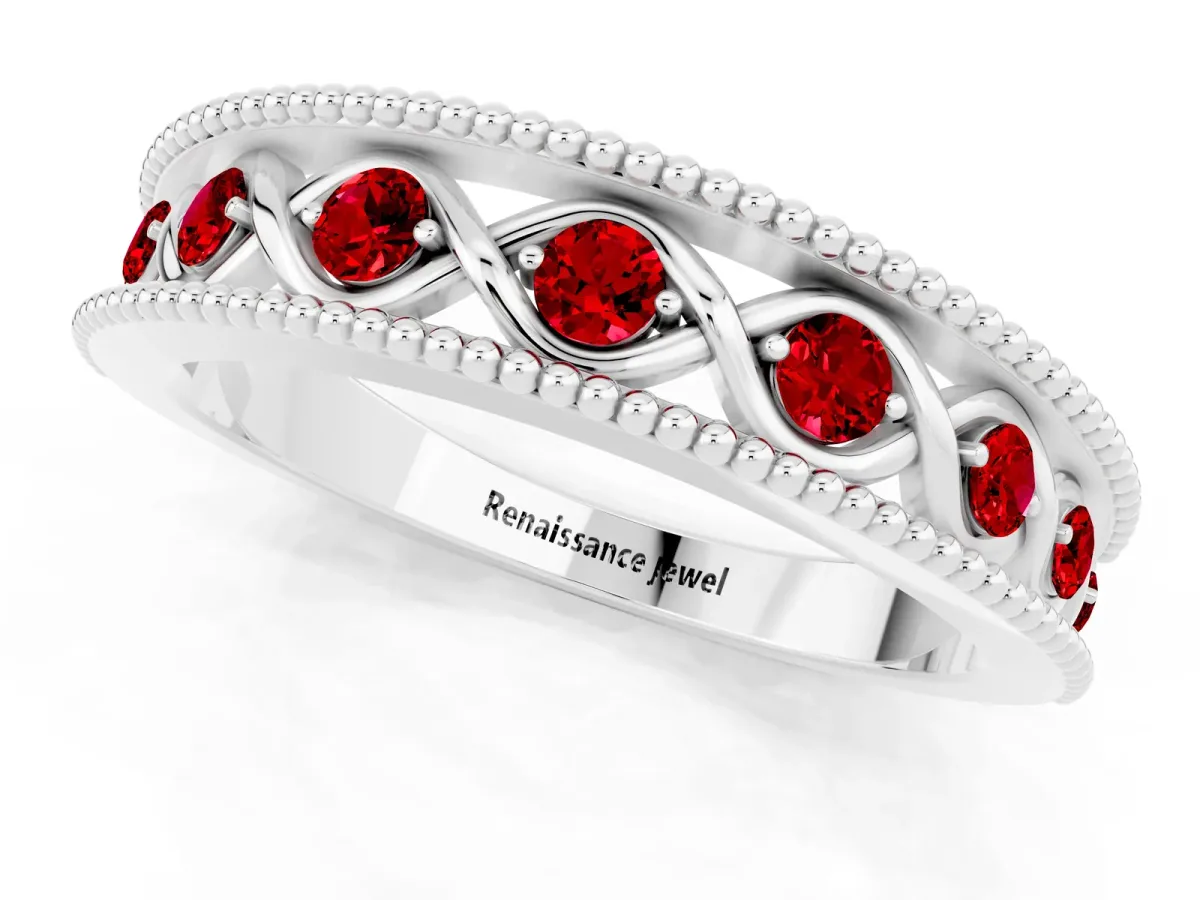 Round Ruby Twist Milgrain Band with Bezel Setting Silver