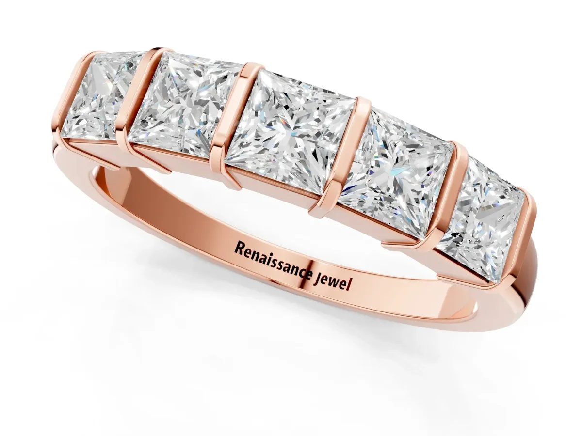 Princess Cut Channel Set Diamond Band with Bar Prong Setting Rose gold