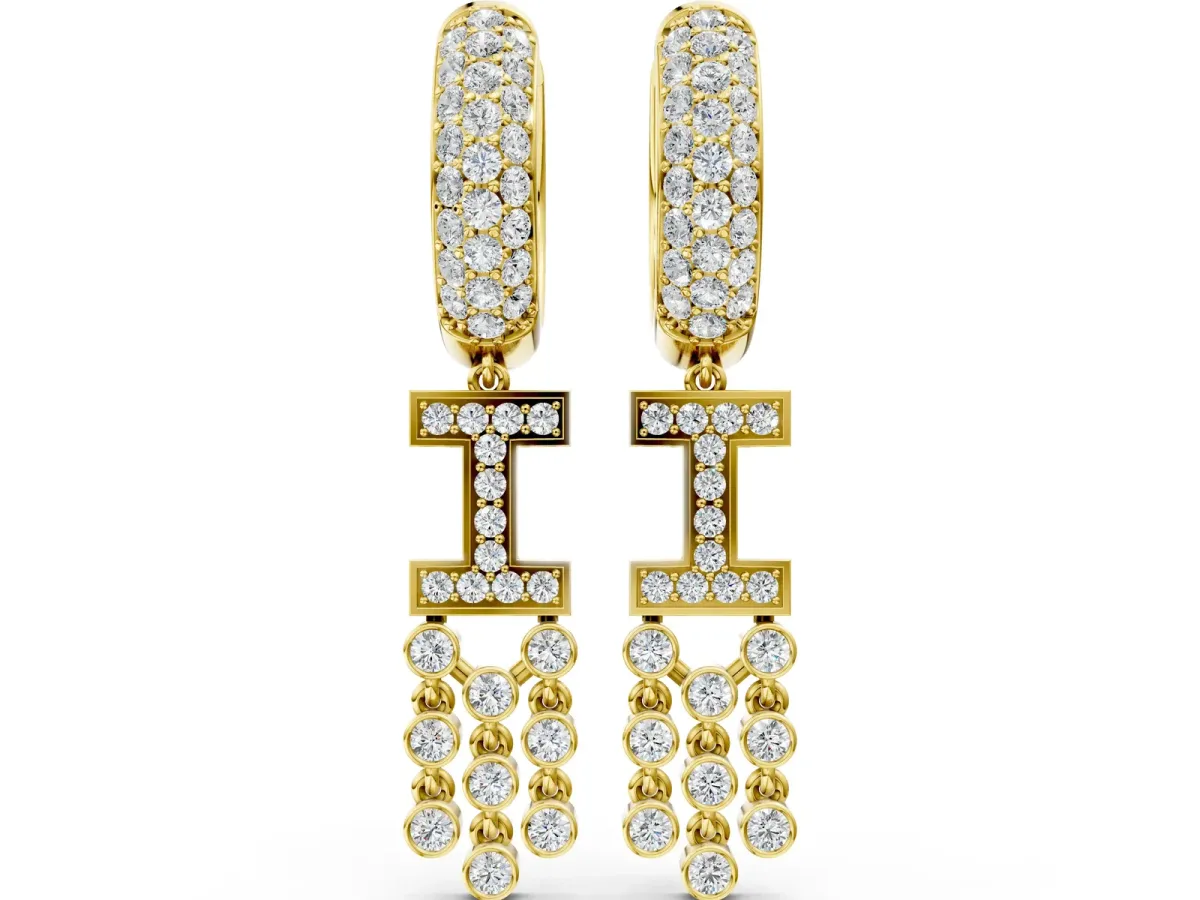 Round Diamond Initial I Huggie Hoop Earrings Yellow gold