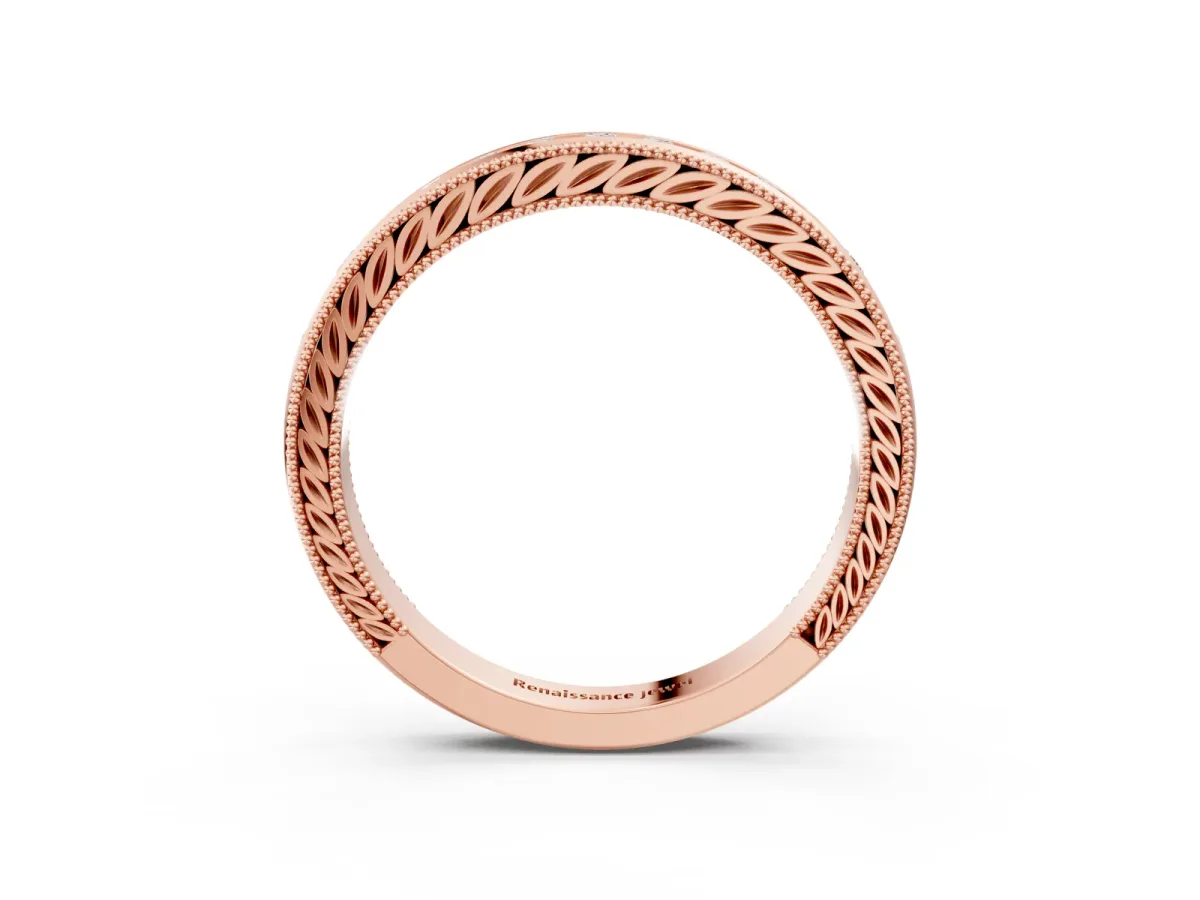 Channel Set Round Diamond Milgrain Edge Wedding Band Rose gold