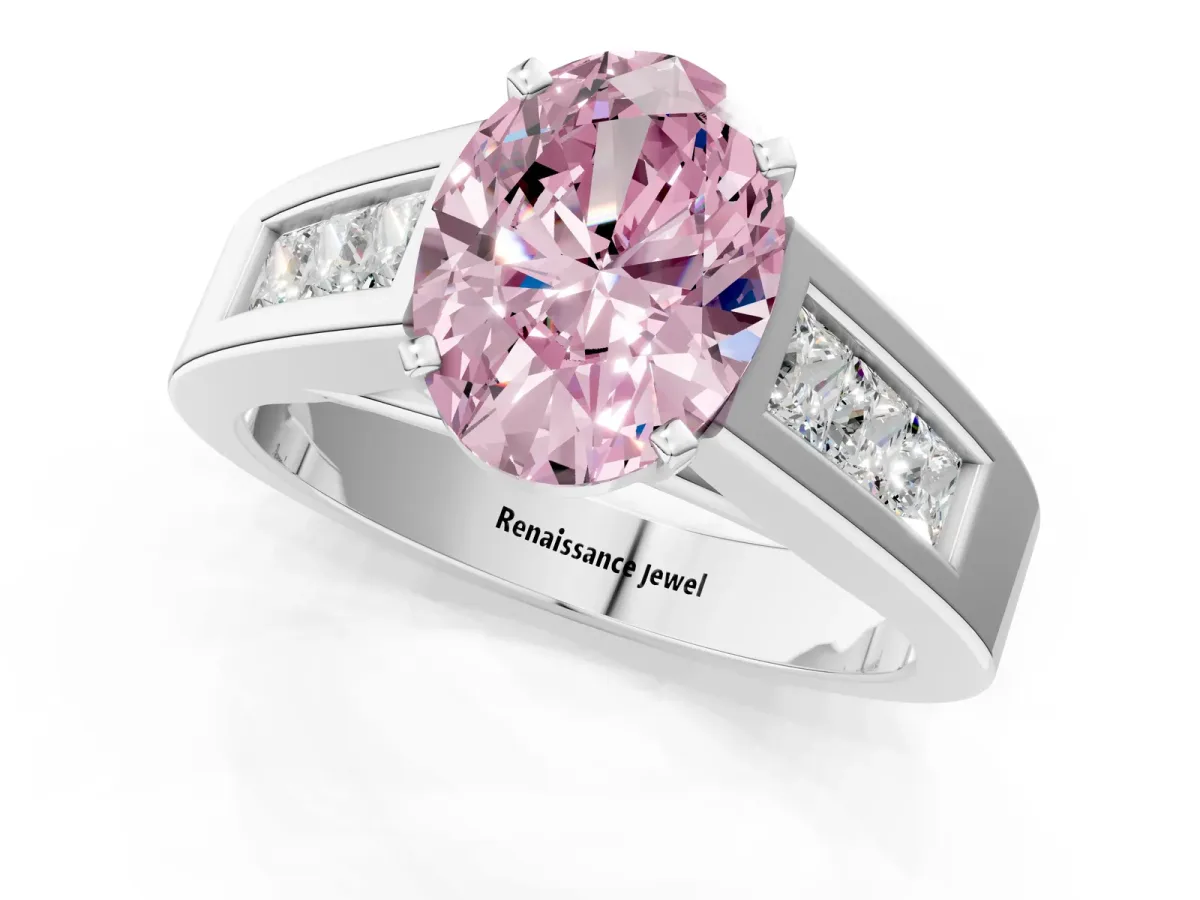 Fancy Pink Oval Cut Cut Channel Set Solitaire Ring with Four-Prong Setting Platinum