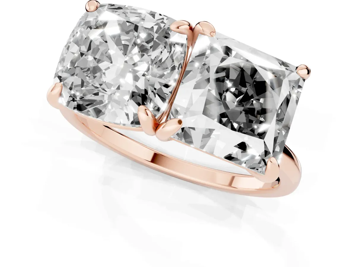 Cushion and Princess Toi Moi Ring with Prong Setting and Plain Band Rose gold
