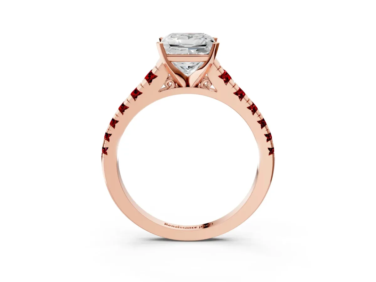 Princess Cut Diamond Cathedral Solitaire Ring with Round Ruby Pavé Band Rose gold