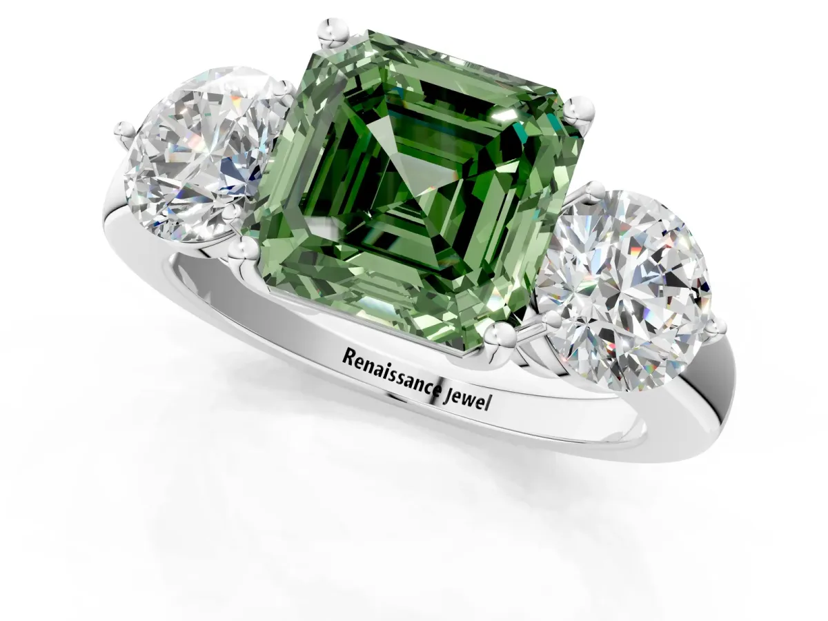 Fancy Green Asscher Cut Diamond Three-Stone Ring with Prong Setting and Classic Band Platinum