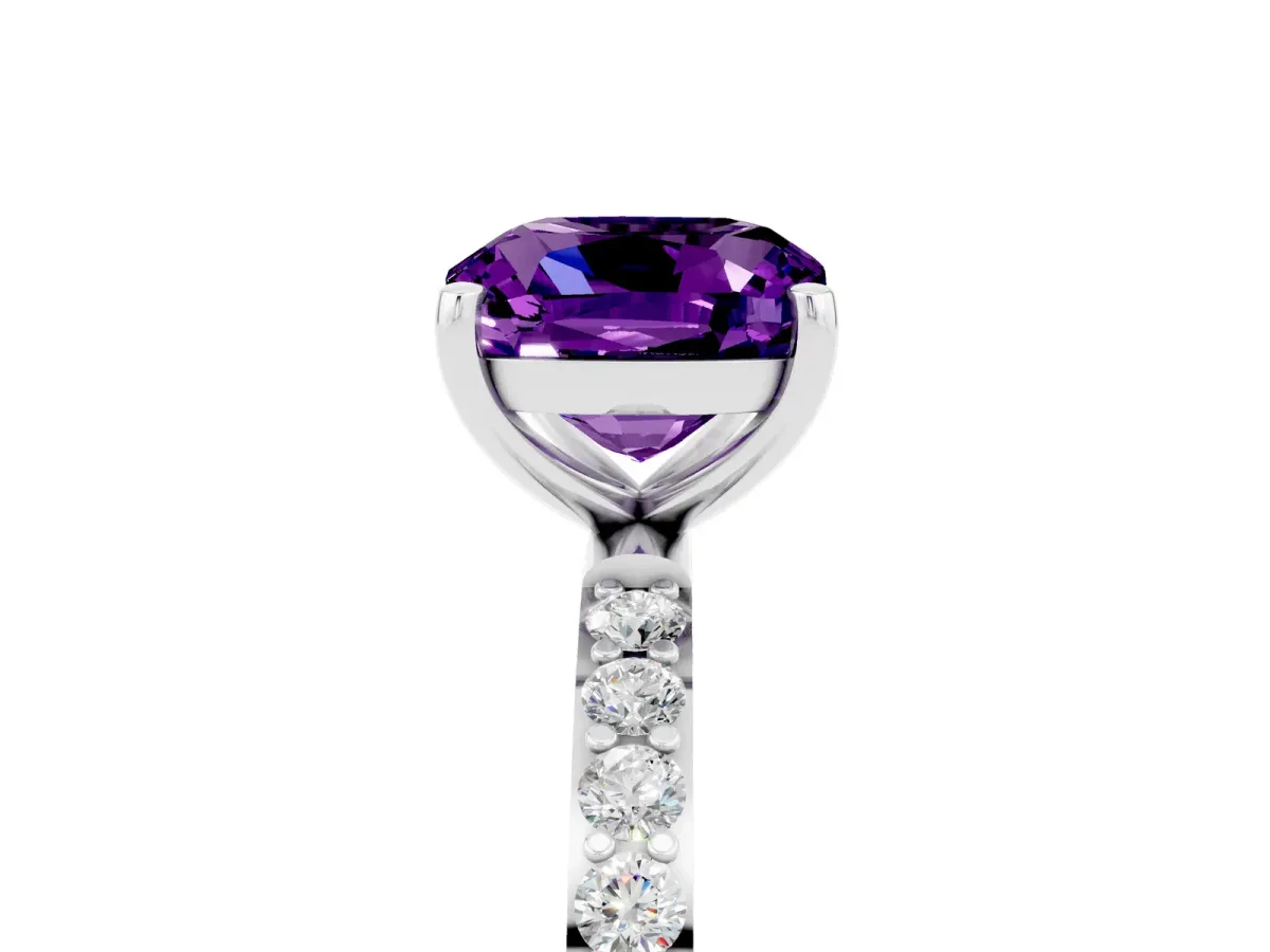Cushion Cut Amethyst Solitaire Ring with Round Pavé Band and Prong Setting Silver