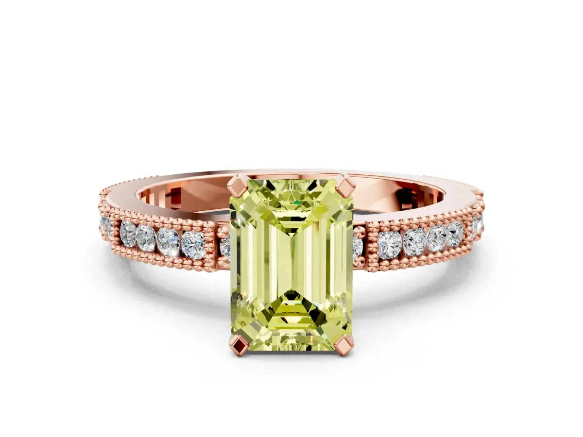 Fancy Yellow Emerald Cut Solitaire with Pavé Band and Four-Prong Setting Rose gold