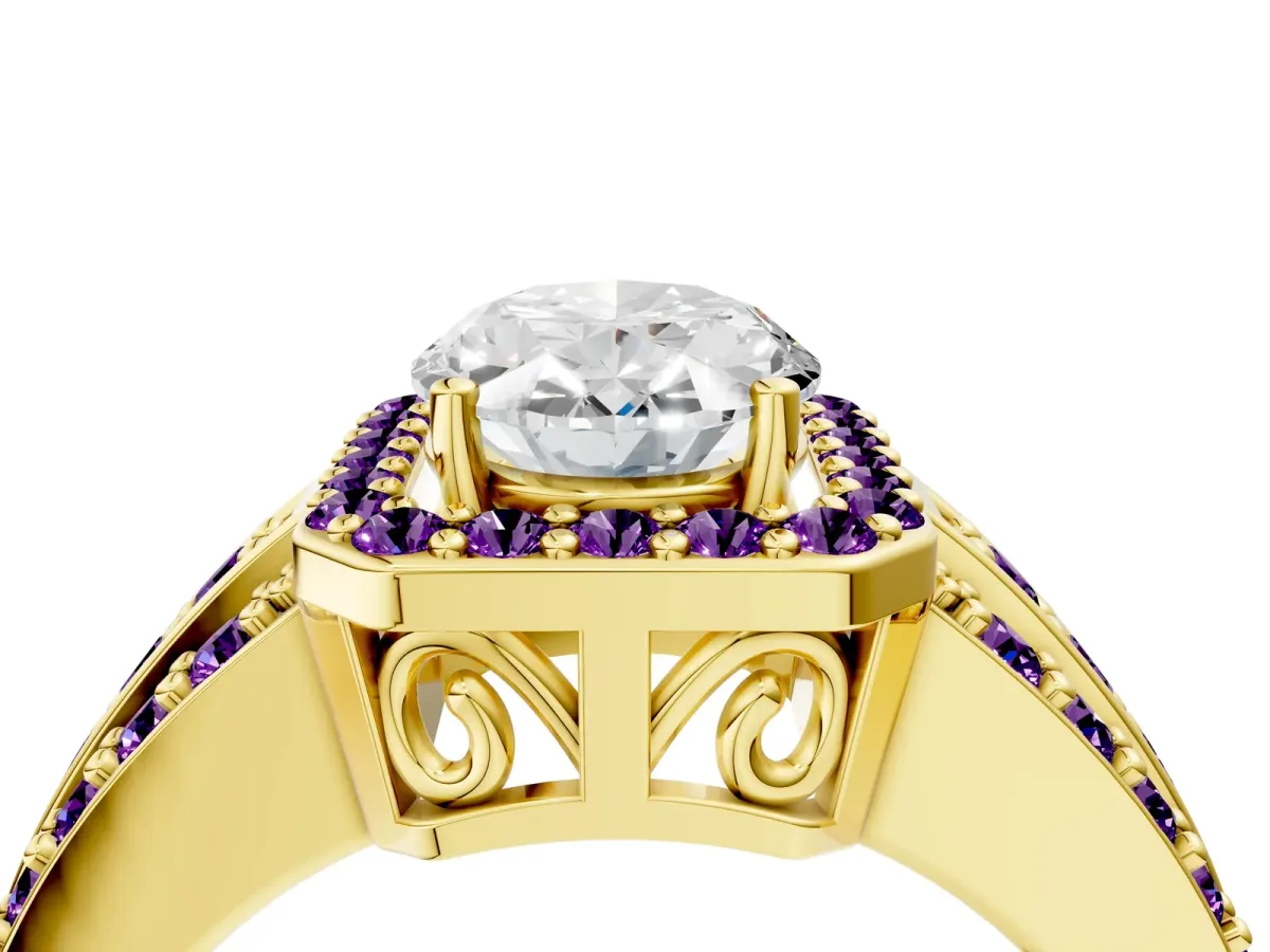 Oval Cut Halo Diamond Ring with Round Amethyst Split Shank and Prong Setting Yellow gold