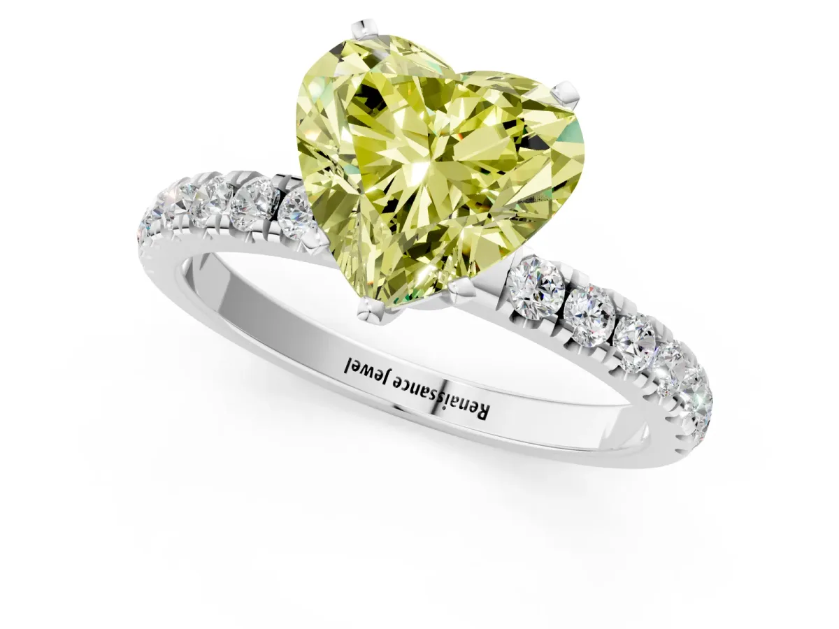 Fancy Yellow Heart Cut Diamond Solitaire Ring with Pavé Accents and Four-Prong Setting Silver