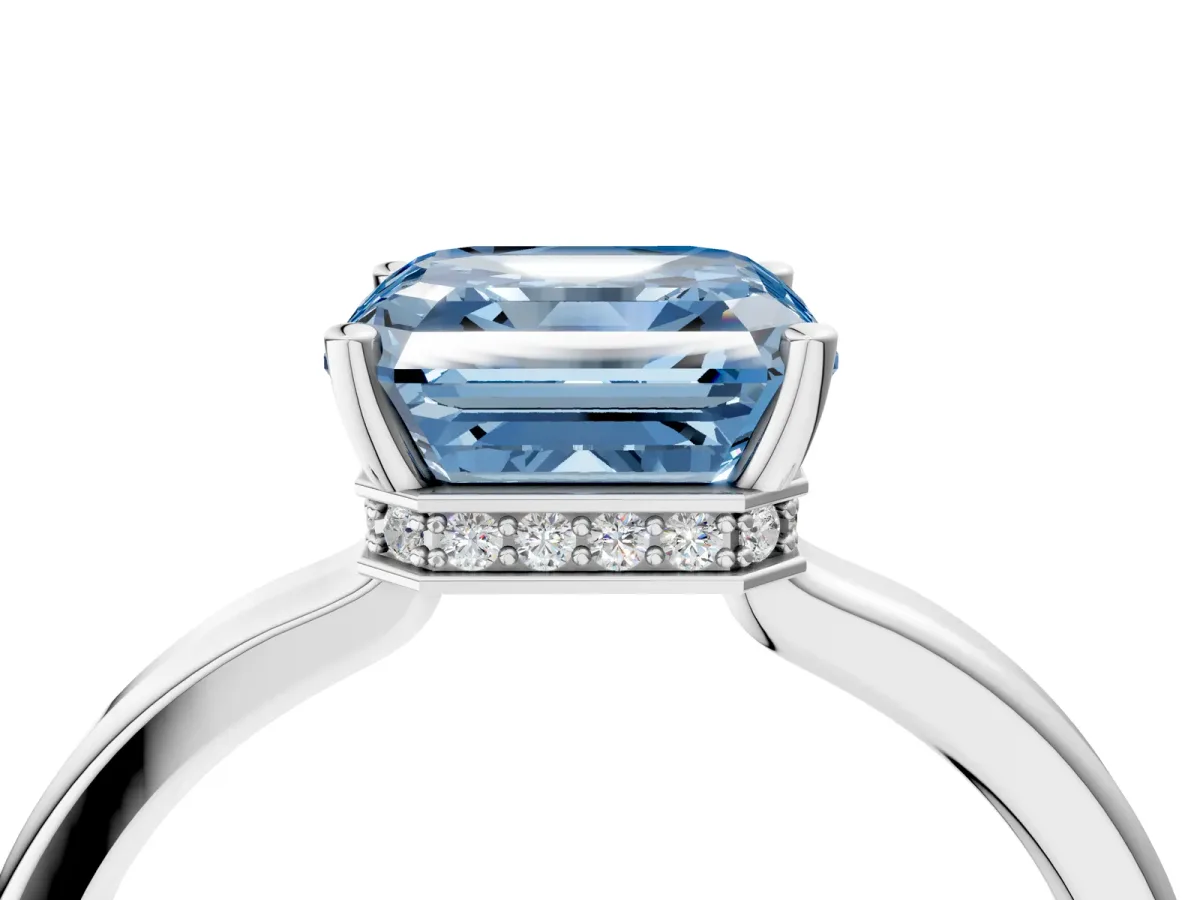 Fancy Blue Asscher Cut Cut Solitaire Engagement Ring with Four-Prong Setting on a Classic Band Platinum