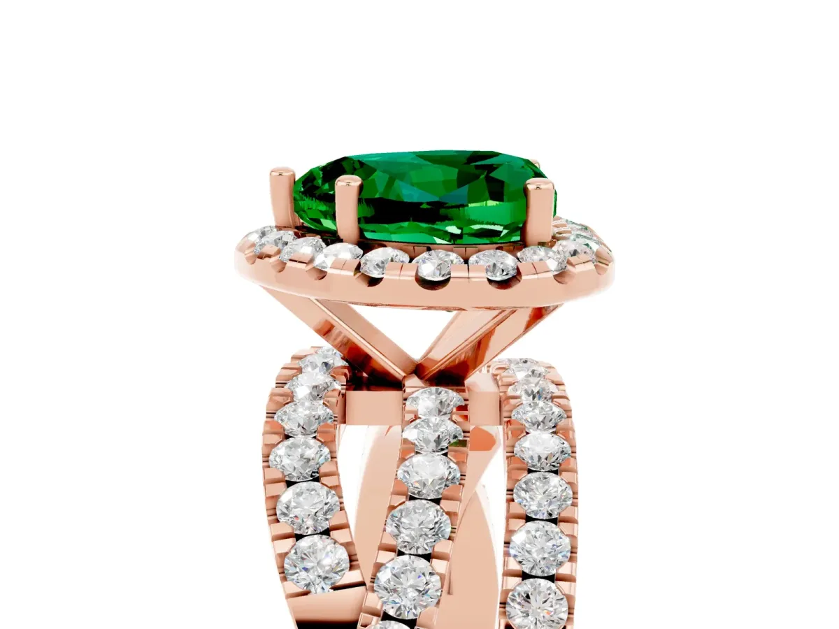Heart Cut Emerald Halo Ring with Round Split Shank and Prong Setting Rose gold
