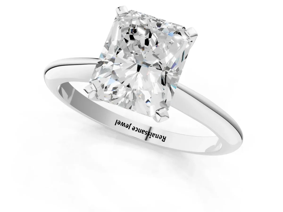 Radiant Cut Diamond Solitaire Engagement Ring with Classic Band and Four-Prong Setting Silver