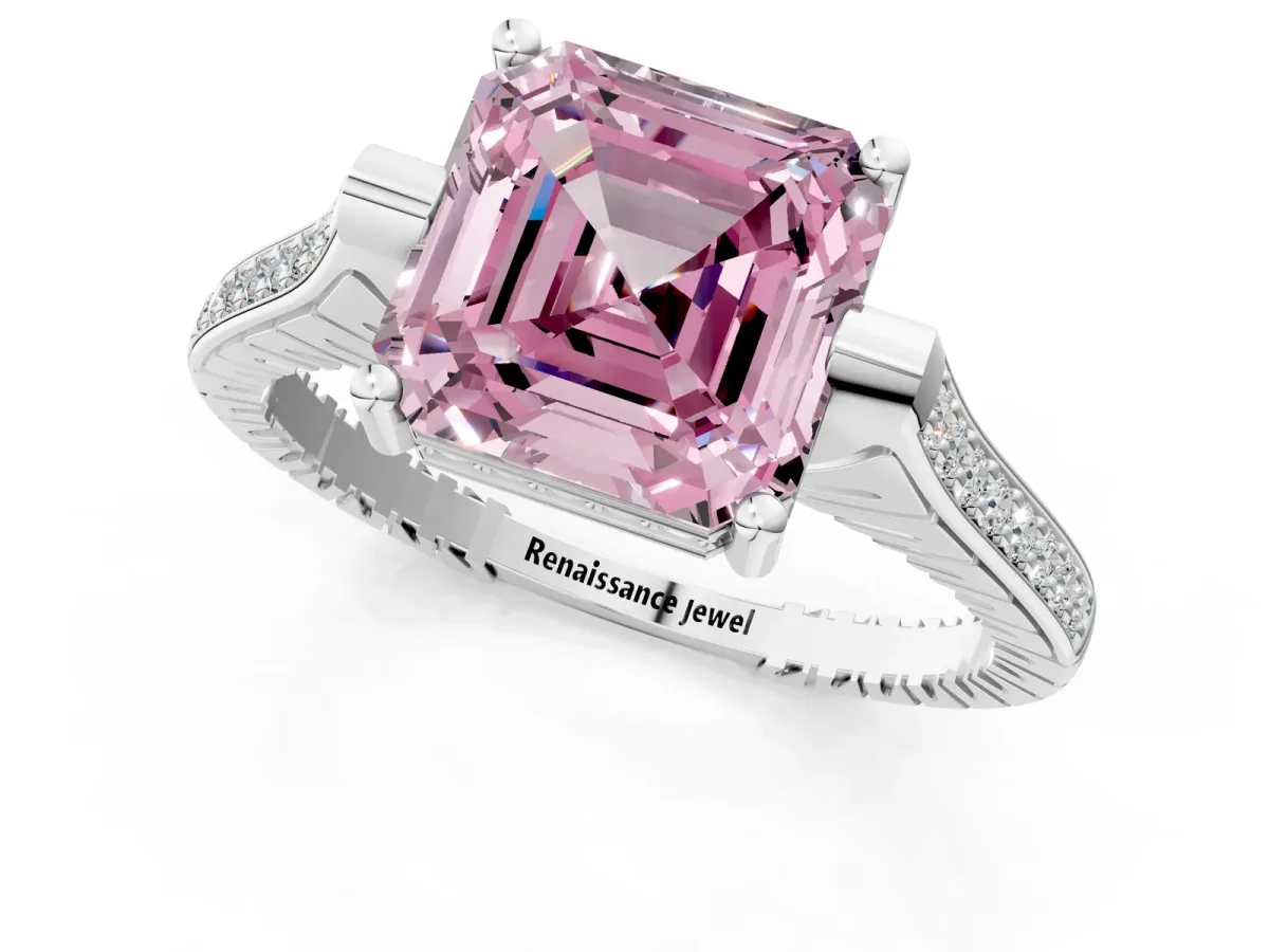 Fancy Pink Asscher Cut Solitaire Diamond Ring with Channel Set Band and Bezel Prong Setting Platinum